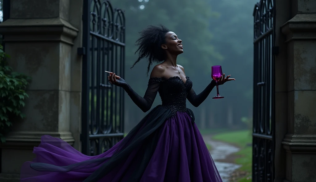 An old black Brazilian woman, Laughing. Long curly hair in a cemetery in purple and black period dress. With a black cat and a black rose.