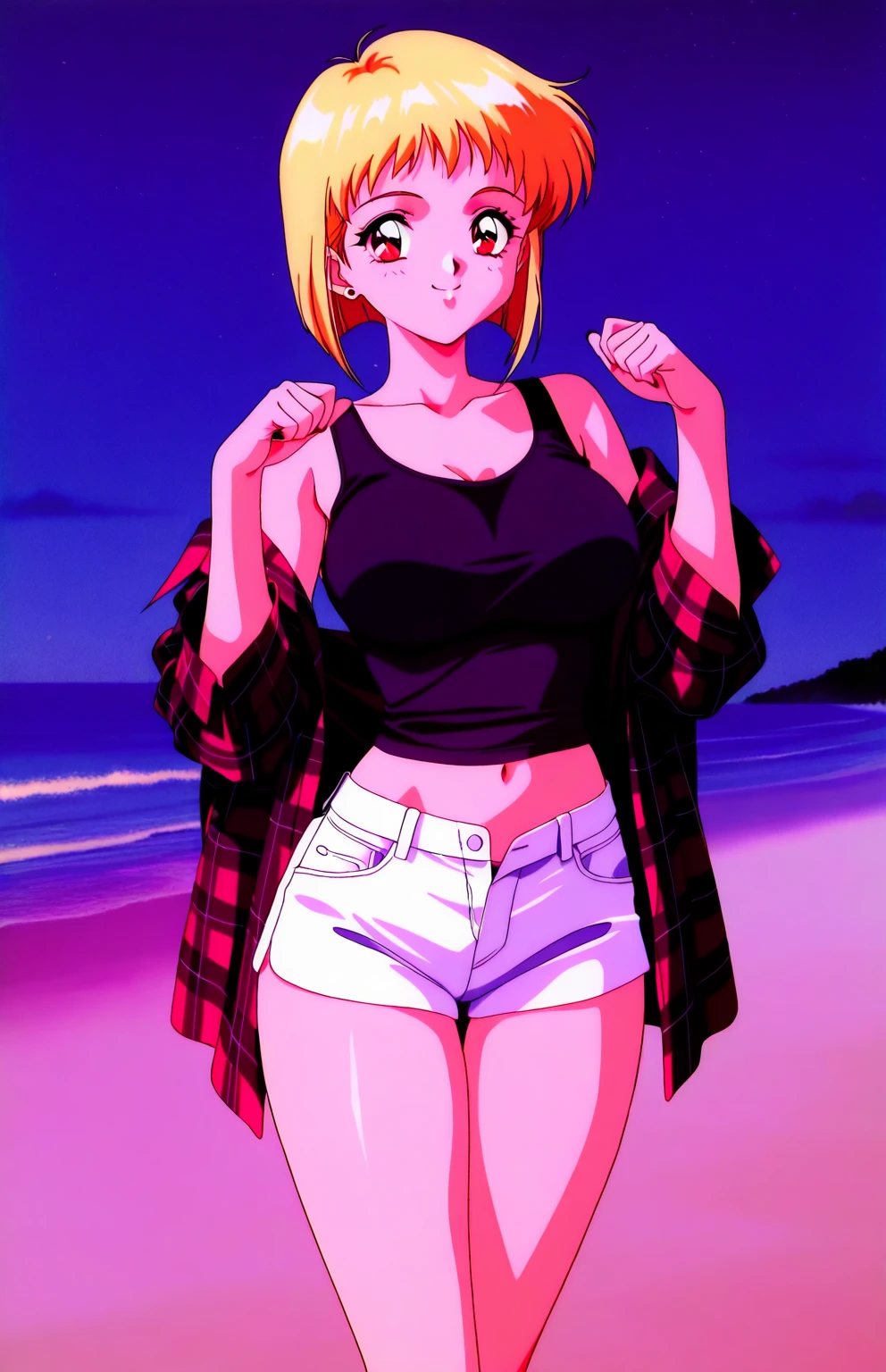 High Definition, 8k, detailed face, big ass, grabbing his ass, standing, Android 18 from Dragon Ball Z, deep blue eyes, ((moon lingerie, stockings and mini skirt)), playa, (big breasts)), thin and thin, Body of equal proportions, front view, for the blue, Beautiful smile, smiling at the viewer, blushing cheeks,