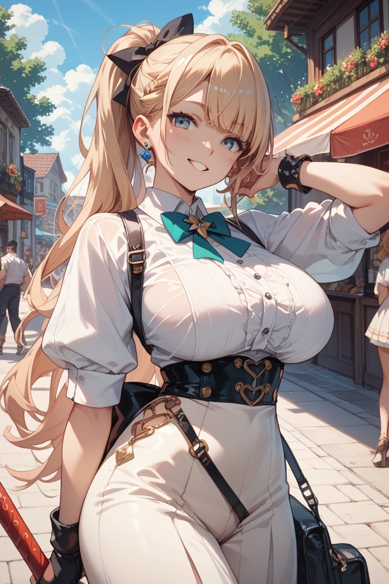 (NSFW:1.2), (8K, RAW photo, best image quality, masterpiece: 1.4), (Highly detailed CG Unity 8K wallpaper, highest quality, High resolution: 1.2), (ultra_be familiar with, UHD: 1.2), super highly be familiar with, (realistic, realistic: 1.48), 1 girl, clear eyes,large breasts,shiny hair, beautiful be familiar with cold face,enchanting smile, Beautiful and delicate eyes with intricate details,very accurate details,skin dents,outdoor,perfect face,perfect body, beautiful eyes, beautiful face,an illustration of a young woman in tight fitting outfit holding a whip, 1girl, houshou marine, solo, virtual youtuber, breasts, twintails, red hair, heterochromia, thighhighs, red eyes, yellow eyes, skirt, white gloves, gloves, long hair, looking at viewer, hair ribbon, ribbon, white background, red skirt, smile, ascot, blush, large breasts, pleated skirt, covered navel, sleeveless, brooch, see-through, jewelry, red ribbon, cleavage, lace-trimmed legwear, red ascot