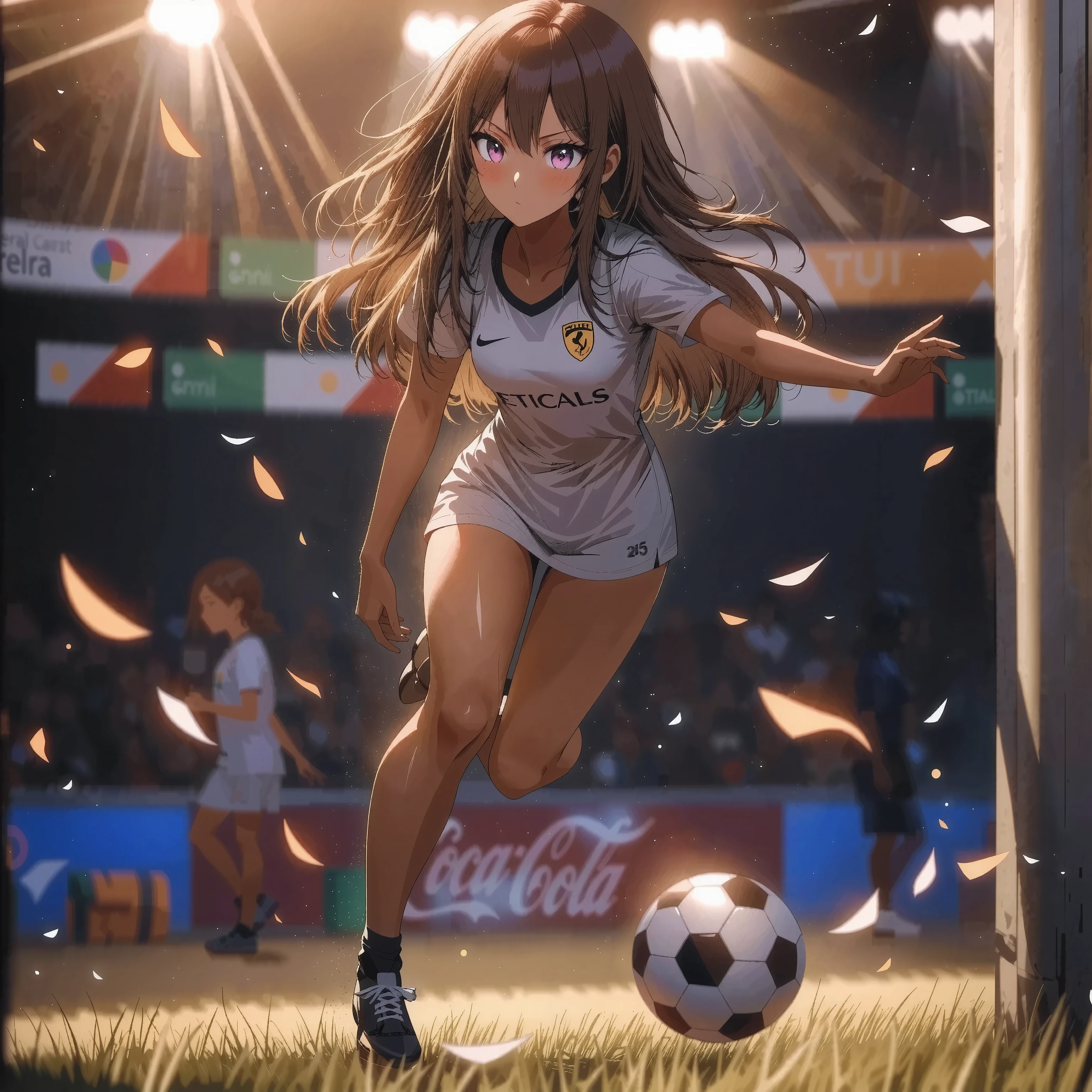 1 Pro Soccer Girl :(Raiko-chan), Textured Brown Skin , of the best quality, movie light effects 、dribble 、Elasico、action painting to direct your gaze,