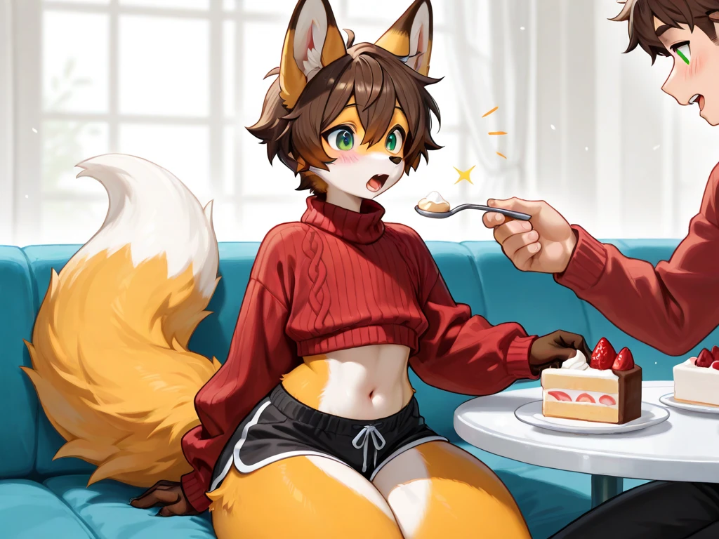 fox boy,Eat food on the floor,Drooling,8K resolution, tied with a red collar,    
