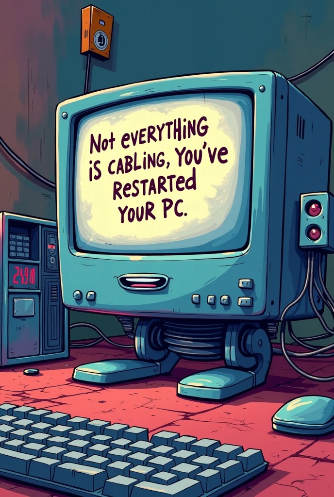 Create an image with a written notice "NOT EVERYTHING IS CABLING, YOU'VE RESTARTED YOUR PC?"