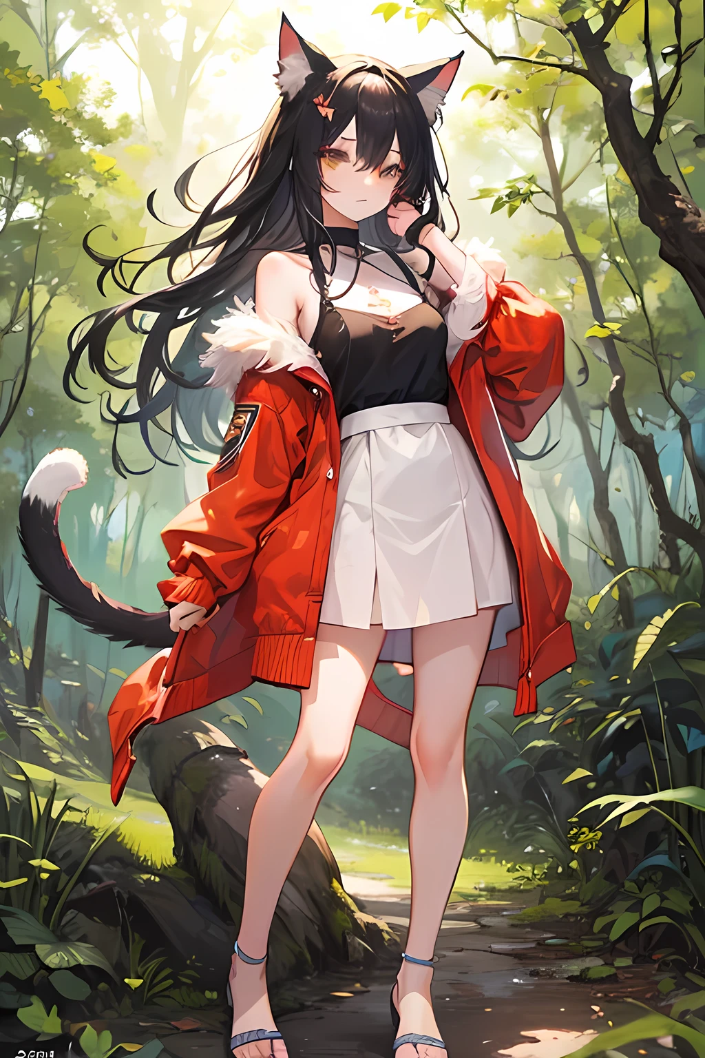 catlike human hybrid, furry cat legs, cat ear and tail, amber cat eyes, patches of fur on legs and arms, in forest, casual, modestly dressed, standing, natural, natural color scheme, detailed, highly detailed facial features.