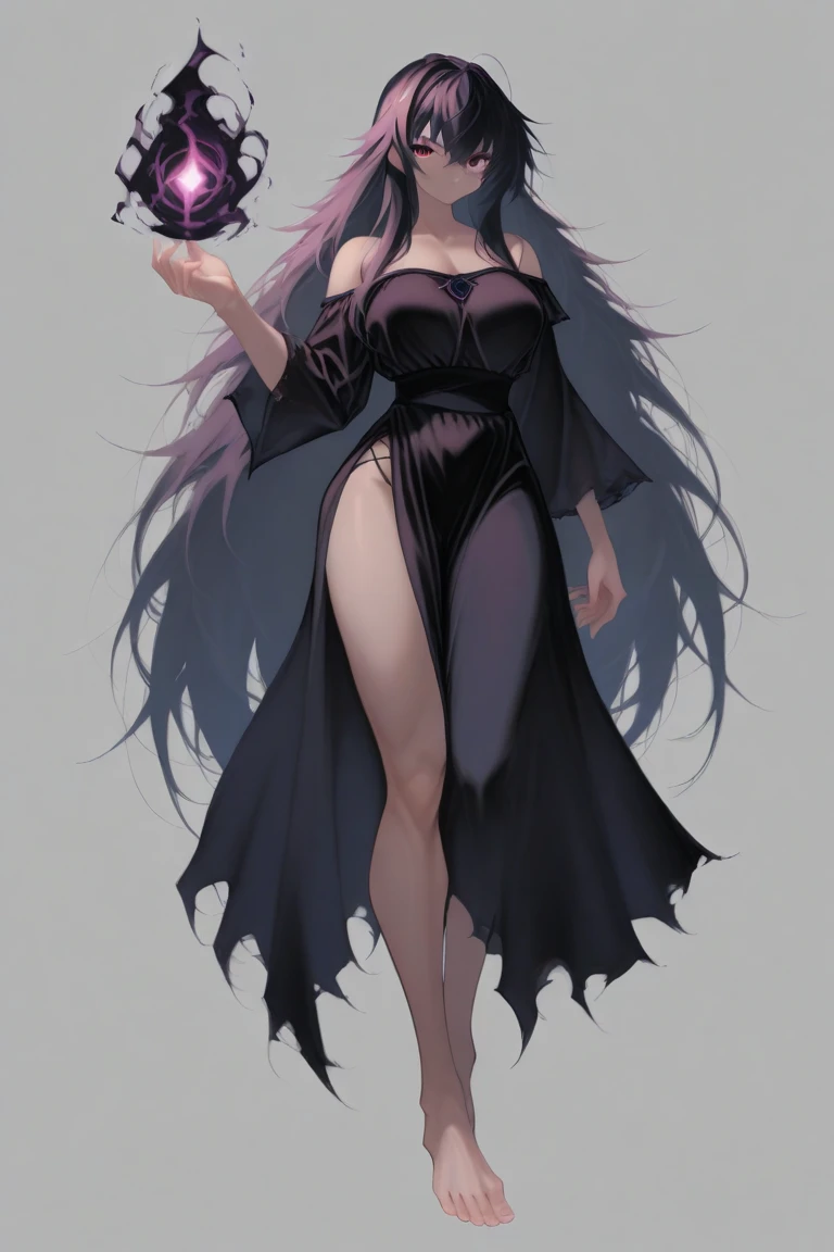 A beautiful anime-style girl with long hair and a purple flower、Face of Sadness、Sad beautiful girl、A beautiful girl with a well-balanced and glamorous body、A beautiful immoral girl in a provocative black and grey dress、Full Body Shot、Crow、Undead、fog、mystery、graveyard of darkness。