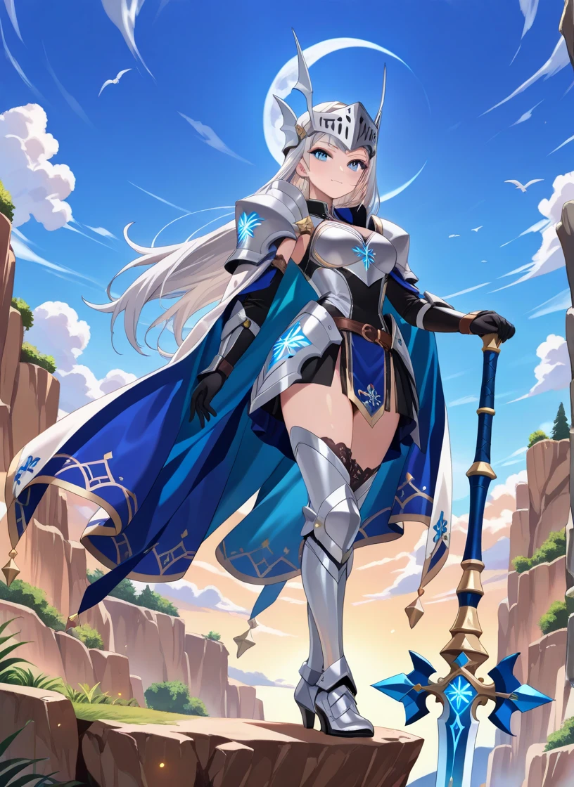 Girl with long silver hair, French braid and golden eyes，silver forehead protector，Chest，cleavage，Pitch black armor，Hand guard，Iron skirt，Bare Legs，Jet black iron boots，cross sword，Standing，moon，starry night