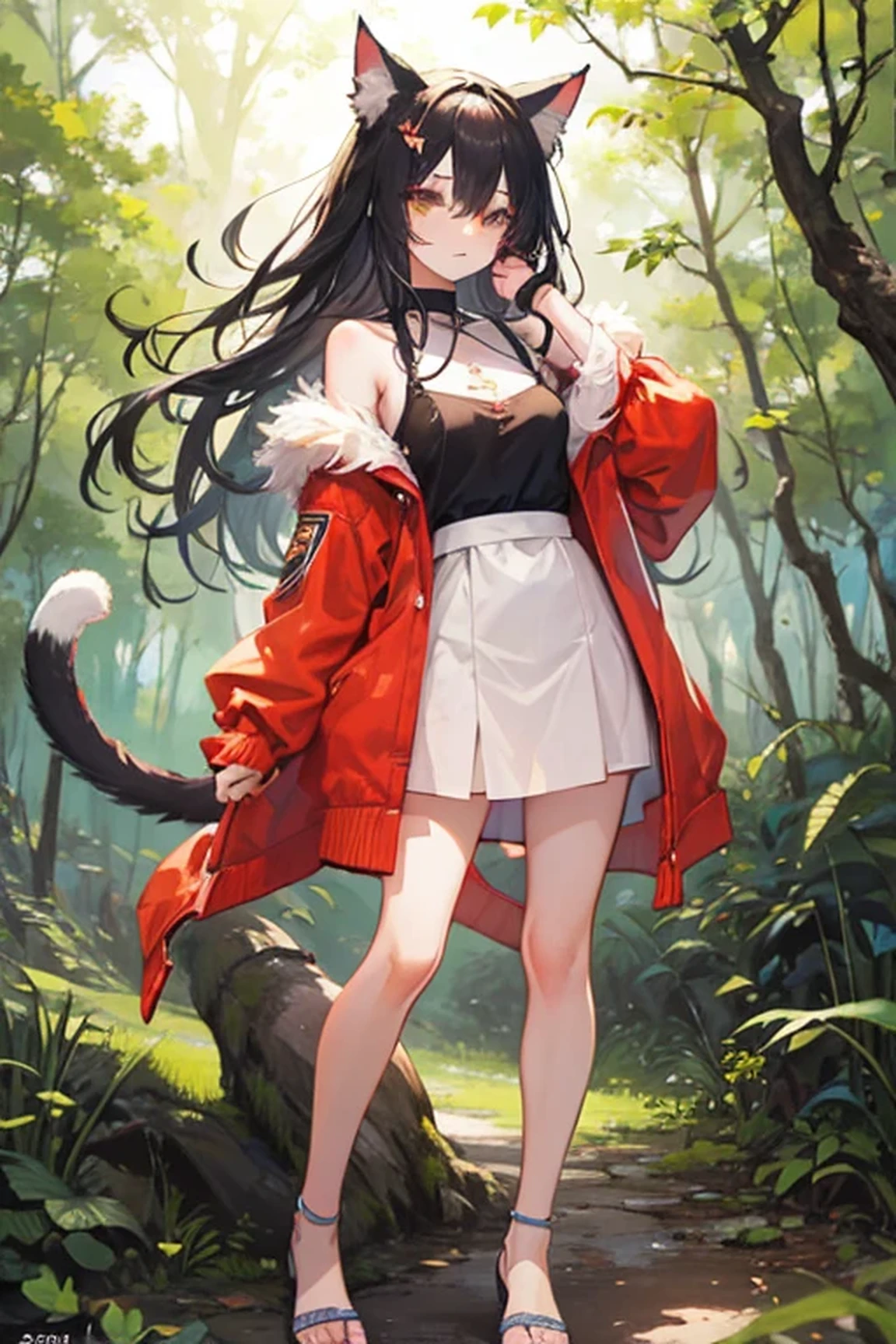catlike human hybrid, furry cat legs, cat ear and tail, amber cat eyes, patches of fur on legs and arms, in forest, casual, modestly dressed, standing, natural, natural color scheme, detailed, highly detailed facial features.