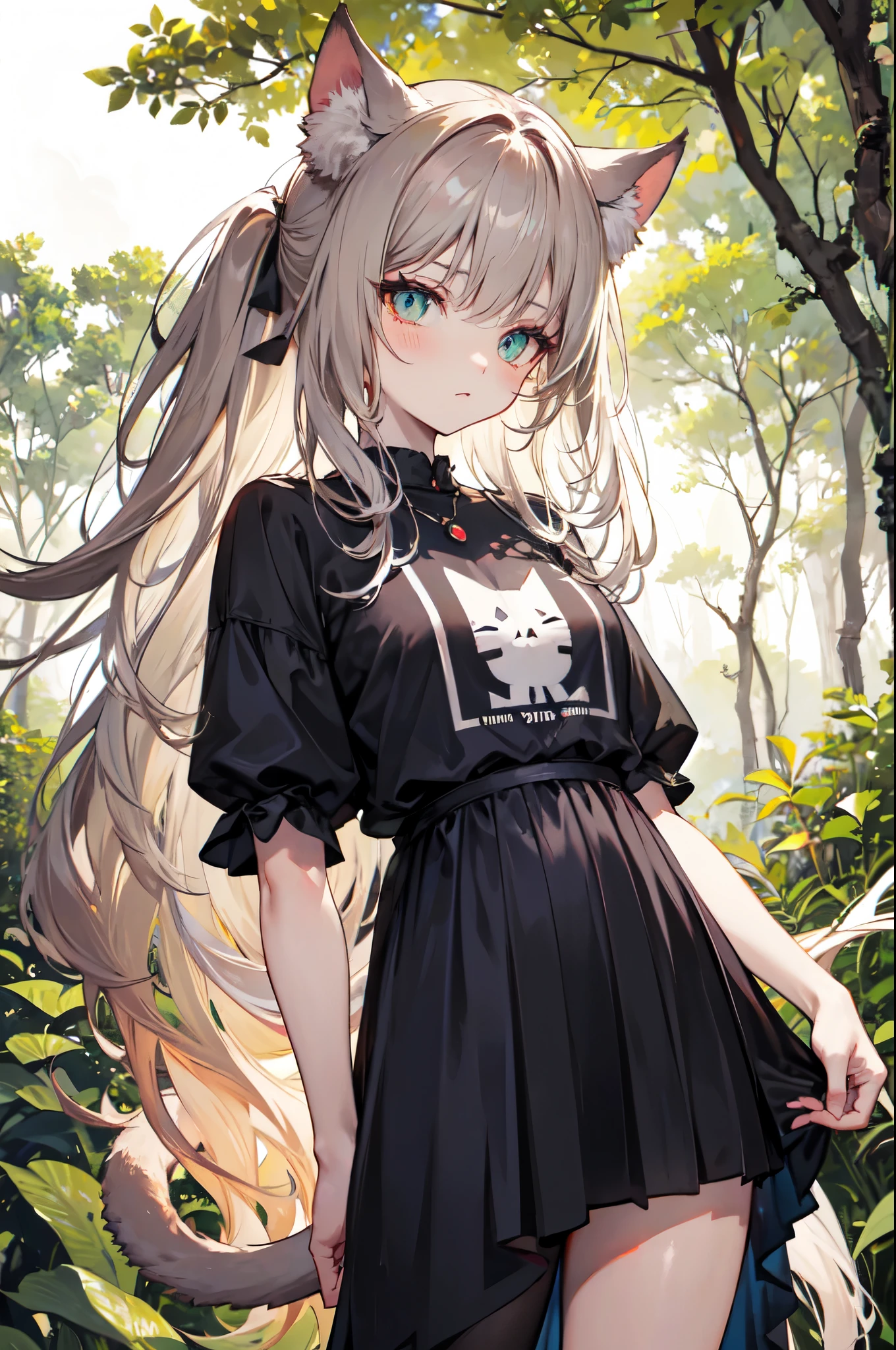 catlike human hybrid, furry cat legs, cat ear and tail, amber cat eyes, patches of fur on legs and arms, in forest, casual, modestly dressed, standing, natural, natural color scheme clothes, detailed, highly detailed facial features.