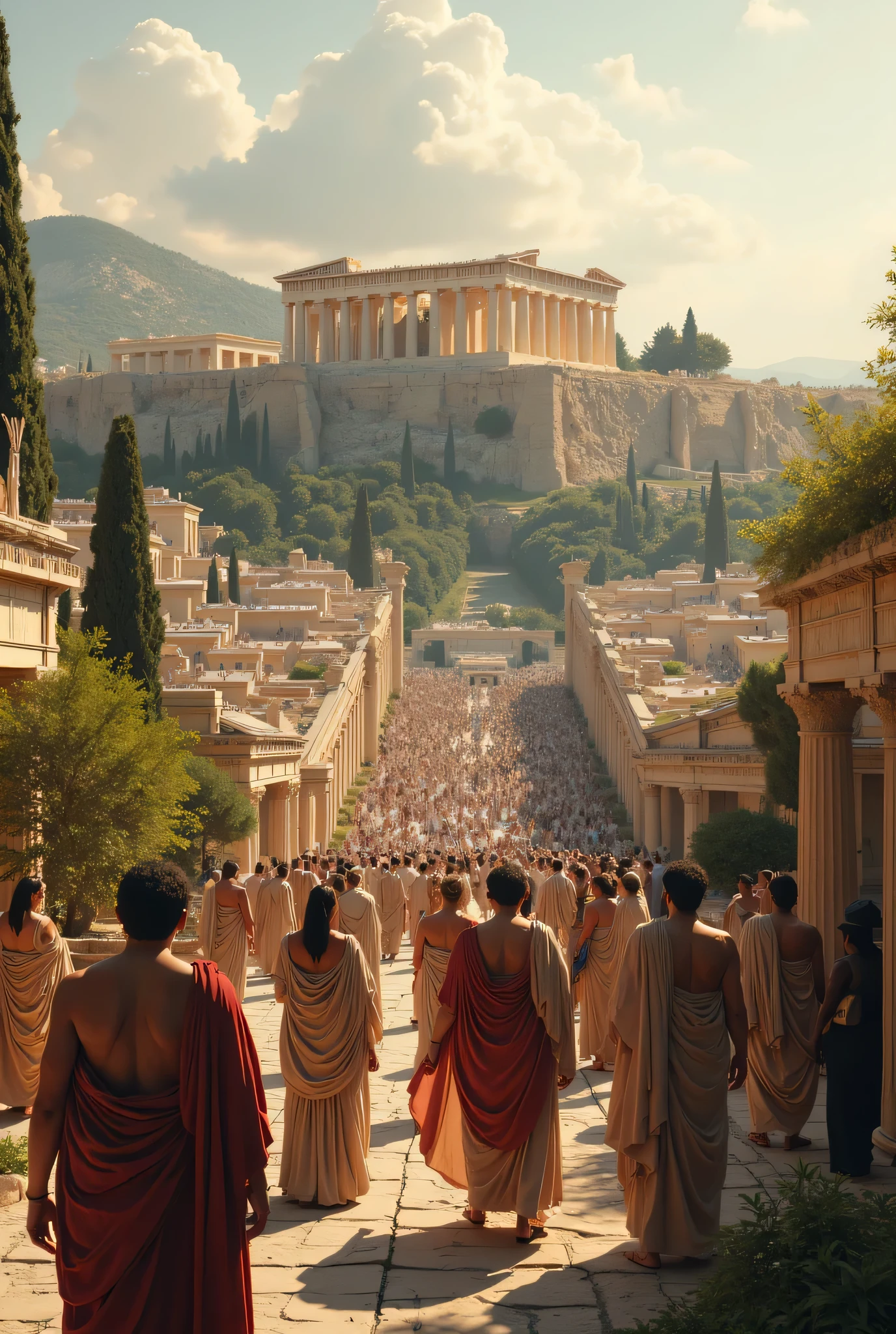 **Prompt:** Create a hyperrealistic digital artwork depicting the lively ancient city of Athens during its peak of prosperity. Capture a wide panoramic view that features a meticulously ordered cityscape, highlighting the majestic Acropolis and the fully built Parthenon temple as the central focal points. Surround the monuments with lush green flora that conveys the fertility of the land. Populate the scene with lively ancient Greek aristocrates interacting, all dressed in traditional togas, engaging in daily activities that reflect their vibrant culture and community spirit. Emphasize a cinematic vibe with balanced composition and strategically utilize slow shutter speed to add a dynamic flow to the busy interactions. Ensure the textures of architecture and clothing are ultra-realistic, achieving an immersive depth of field that invites viewers to explore every detail from the grandeur of the structures to the intricate anatomy of the characters. The artwork should reflect the essence of the esteemed photography style of National Geographic, utilizing concepts from octane 3D rendering and Nikon settings to achieve a stunning RAW image quality. Use innovative lighting techniques to infuse the scene with a warm glow, enhancing the overall aesthetic of this historical moment in a bronzepunk-inspired artistic interpretation.
