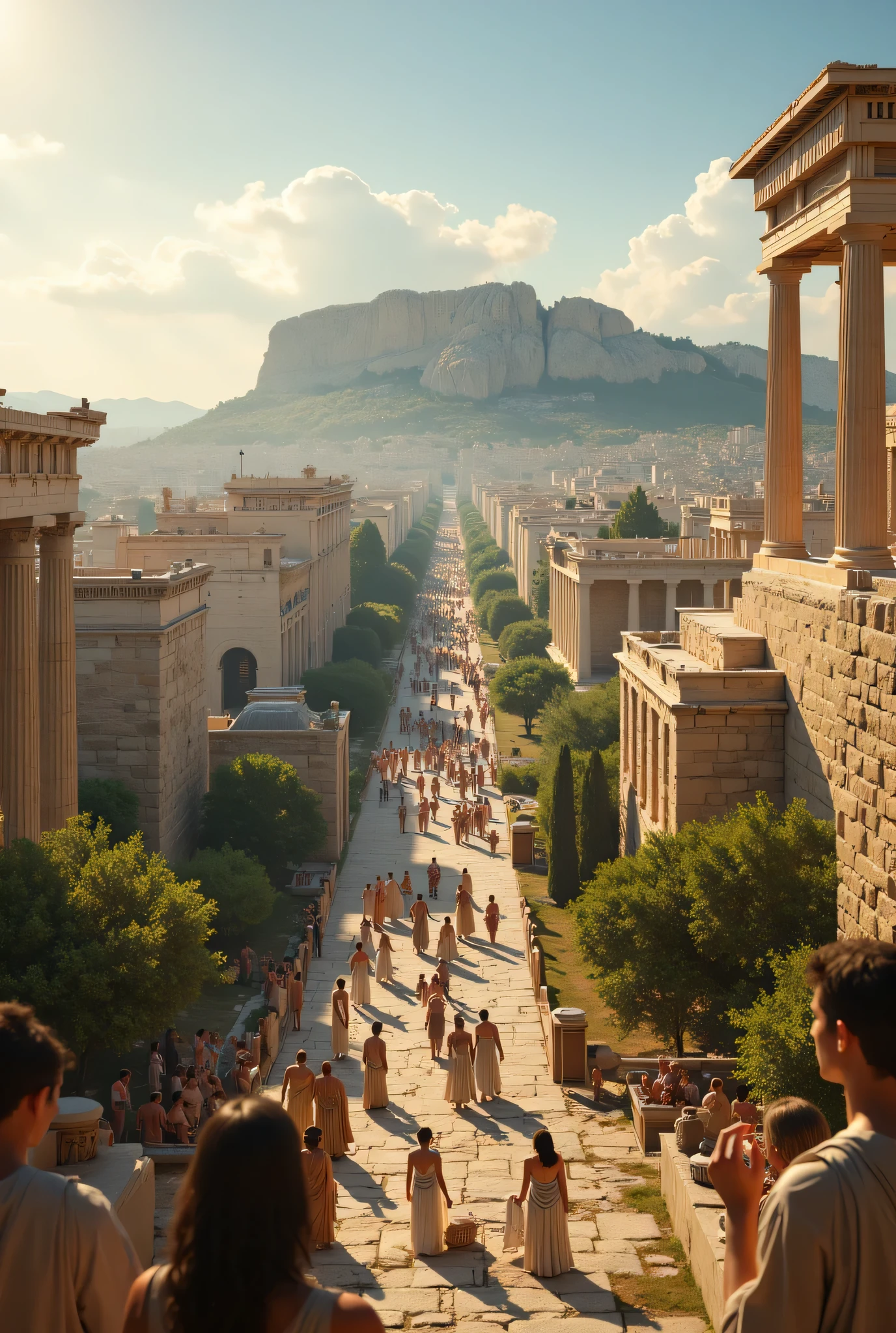 **Prompt:** Create a hyperrealistic digital artwork depicting the lively ancient city of Athens during its peak of prosperity. Capture a wide panoramic view that features a meticulously ordered cityscape, highlighting the majestic Acropolis and the fully built Parthenon temple as the central focal points. Surround the monuments with lush green flora that conveys the fertility of the land. Populate the scene with lively ancient Greek aristocrates interacting, all dressed in traditional togas, engaging in daily activities that reflect their vibrant culture and community spirit. Emphasize a cinematic vibe with balanced composition and strategically utilize slow shutter speed to add a dynamic flow to the busy interactions. Ensure the textures of architecture and clothing are ultra-realistic, achieving an immersive depth of field that invites viewers to explore every detail from the grandeur of the structures to the intricate anatomy of the characters. The artwork should reflect the essence of the esteemed photography style of National Geographic, utilizing concepts from octane 3D rendering and Nikon settings to achieve a stunning RAW image quality. Use innovative lighting techniques to infuse the scene with a warm glow, enhancing the overall aesthetic of this historical moment in a bronzepunk-inspired artistic interpretation.