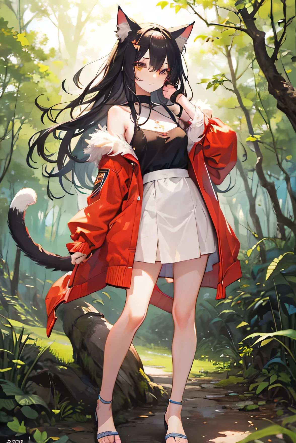 catlike human hybrid, furry cat legs, cat ear and tail, amber cat eyes, patches of fur on legs and arms, in forest, casual, modestly dressed, standing, natural, natural color scheme, detailed, highly detailed facial features.