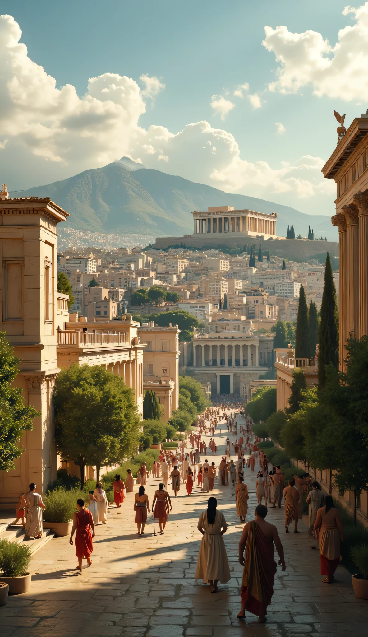**Prompt:** Create a hyperrealistic digital artwork depicting the lively ancient city of Athens during its peak of prosperity. Capture a wide panoramic view that features a meticulously ordered cityscape, highlighting the majestic Acropolis and the Parthenon temple as the central focal points. Surround the monuments with lush green flora that conveys the fertility of the land. Populate the scene with lively ancient Greek citizens interacting, all dressed in traditional togas, engaging in daily activities that reflect their vibrant culture and community spirit. Emphasize a cinematic vibe with balanced composition and strategically utilize slow shutter speed to add a dynamic flow to the busy interactions. Ensure the textures of architecture and clothing are ultra-realistic, achieving an immersive depth of field that invites viewers to explore every detail from the grandeur of the structures to the intricate anatomy of the characters. The artwork should reflect the essence of the esteemed photography style of National Geographic, utilizing concepts from octane 3D rendering and Nikon settings to achieve a stunning RAW image quality. Use innovative lighting techniques to infuse the scene with a warm glow, enhancing the overall aesthetic of this historical moment in a bronzepunk-inspired artistic interpretation.