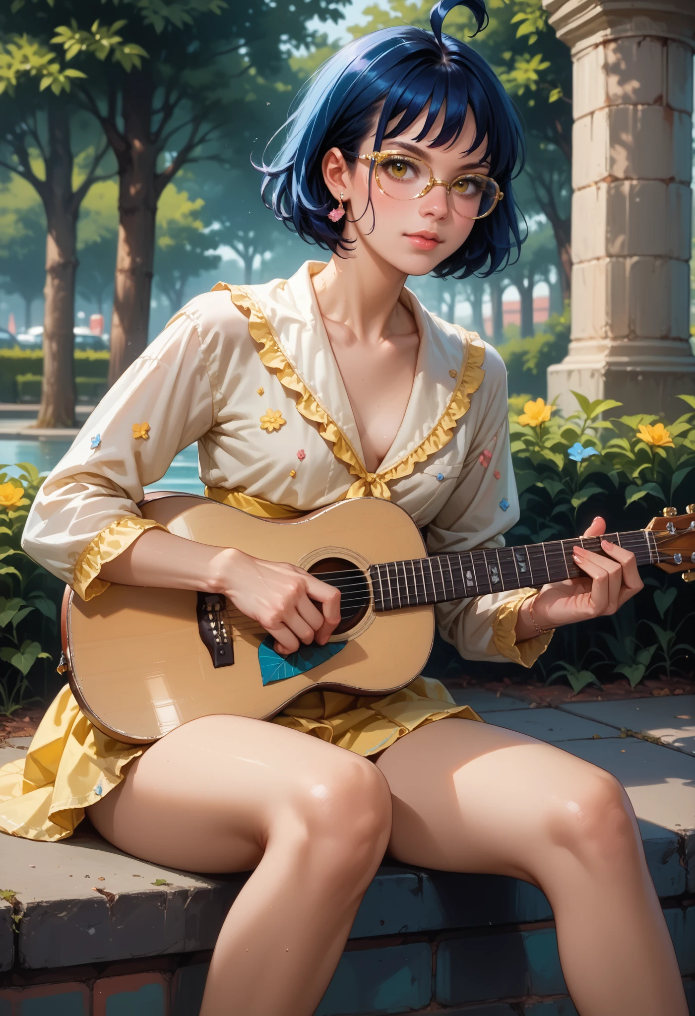 score_9, score_8_up, score_7_up, solo, realistic, zal, small breast,slim and fragile girl, long legs, slim waist and hips, angelic beauty, girl sitting on a small scene in the park and play on ukulele, fairykei, pastel colours, mz, ahoge, short hair, blue hair, yellow eyes, glasses, playing_guitar