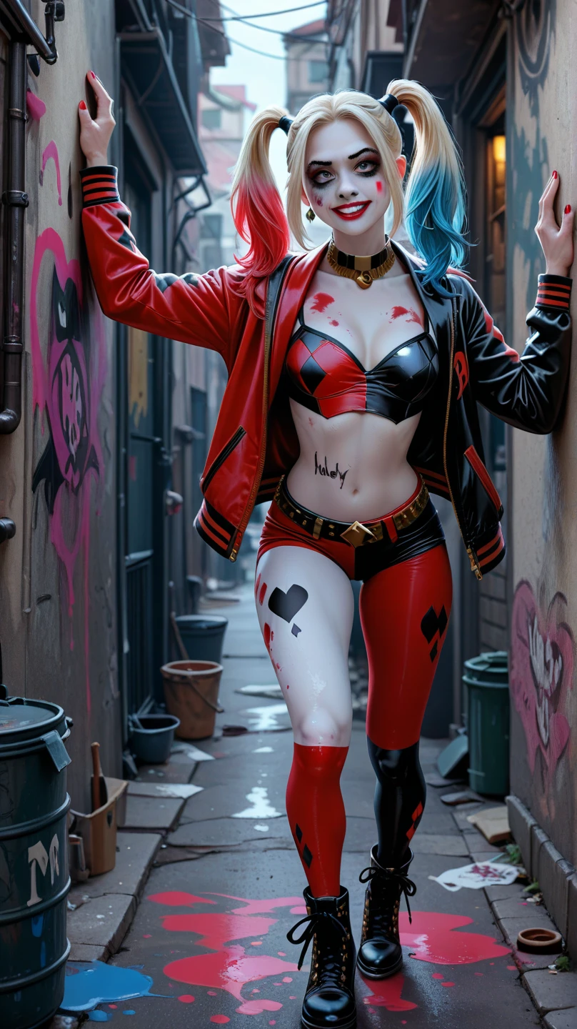 Harley Quinn holding a baseball bat, with her hair in colorful ponytails and red and black costume."