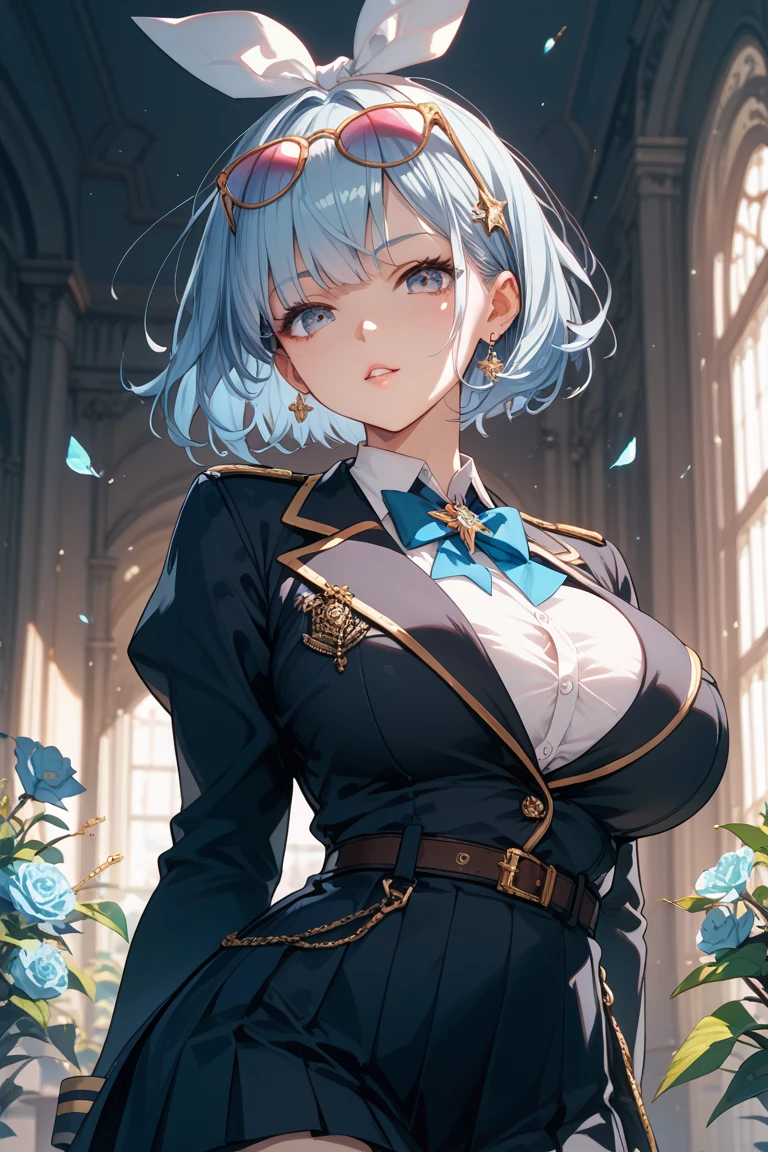 cleavage,Masterpiece, high quality, 8k,detailed body, ultra detailed, detailed face, standing, blush, bright eye, outdoors, (detail face), furinadef, (big  breasts),(night), half body, smile,