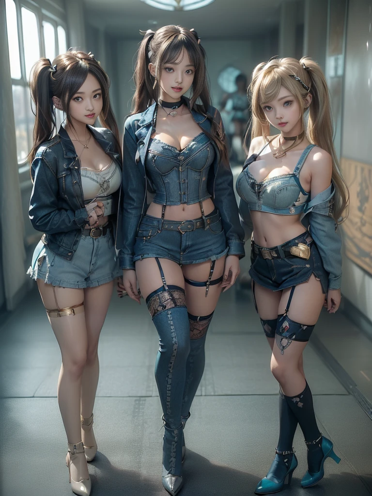(Three Girls, 3 girls:1.5)、(Full Body View:1.2)、(Back view:1.5)、(Smiling with teeth showing:1.3),(Shibuya Gal:1.5)、(Race Queen:1.4)、(Neo-Goth Fashion:1.5)、(Punk RockVisual Kei:1.3)、(Futuristic turquoise, denim and navy blue bodysuit:1.5)、(A delicate denim and turquoise biker jacket:1.5)、(Gorgeous decorated corset:1.4)、(Navy denim garter belt:1.5)、(Delicate denim, navy and black cargo pants:1.3)、(Heart-shaped silver accessories:1.5)、(Brown Skin Belt:1.4)、(Blue High Heels:1.4)、(Lace underwear:1.4)、20-year-old、Browsing Caution,((Highest quality、In 8K、masterpiece:1.3))、Sharp focus:1.2、(Layered Cut、Huge breasts:1.1),Beautiful woman with perfect figure:1.4、(Dance vigorously:1.3)、Slim Abs:1.2、Butt、Highly detailed face and skin texture、Fine grain、double eyelid,(Twin tails:1.3)、(Brownish golden hair:1.3)、Obscene、Idol Sculpture、(The three of them are posing together:1.3)、(A photoshoot for a gorgeous gravure model with a sunny day in the background:1.3)、(Slimming your legs:1.4)、(The body is slim:1.3)、(clavicle:1.1)
