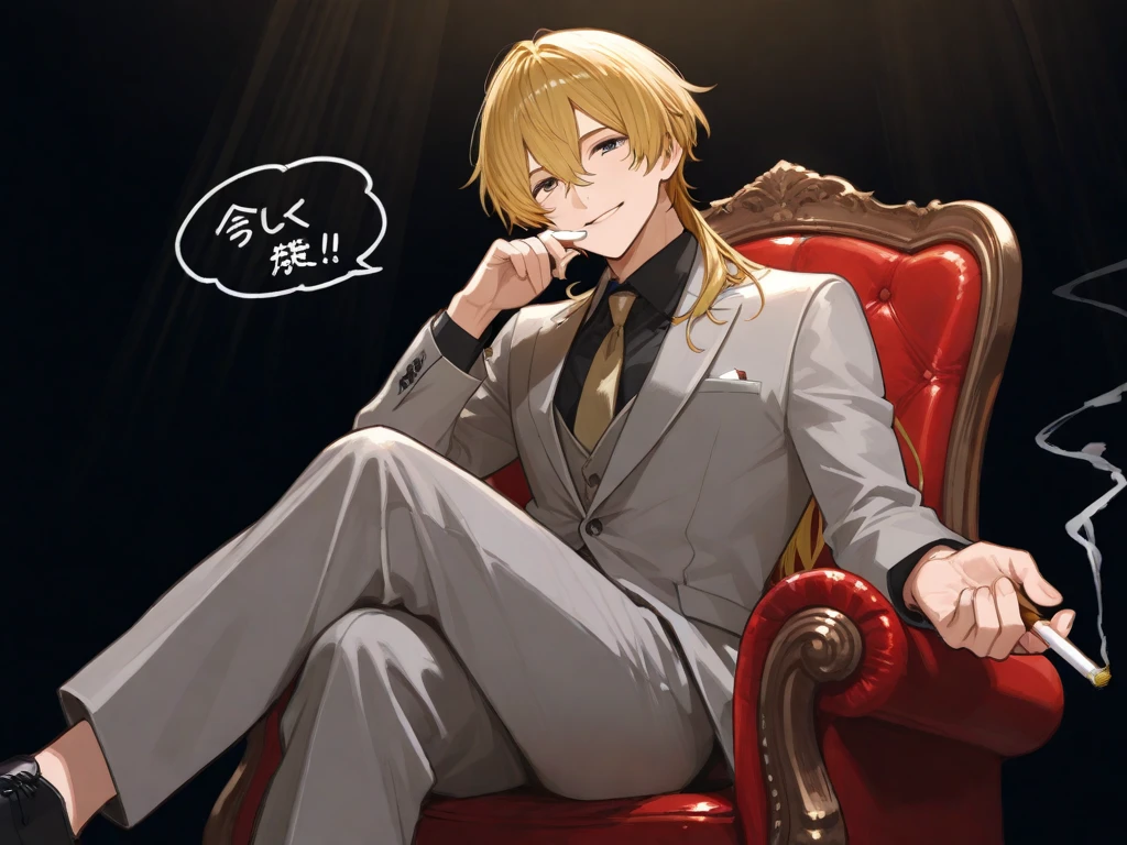 create a roblox thumbnail with a watermark that says "SCRIPT" with an anime type character a boy with golden hair drinking wine sitting in a white suit with golden tints ANIME