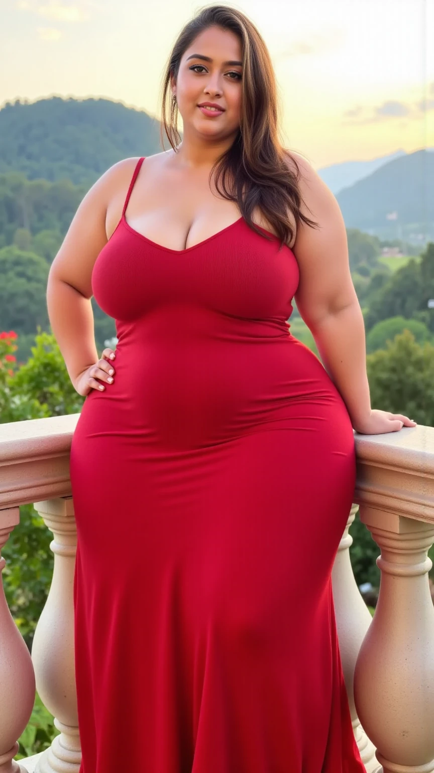 Realistic Beautiful Face Beautiful Legs Beautiful eyes Cute Face Curvy woman with nice sexy long red drees in ALPS IN SUMMER Chubby Curvy with sexy pose