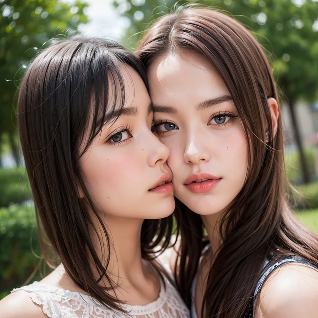 (Highest quality, 4K, 8k, High resolution, masterpiece:1.2), Very detailed, (Realistic, photoRealistic, photo-Realistic:1.37)、Two Girls、Japanese、congestion、(Completely naked)、(Hair Color:Random)、(Hairstyle:Random)、((Kissing))、