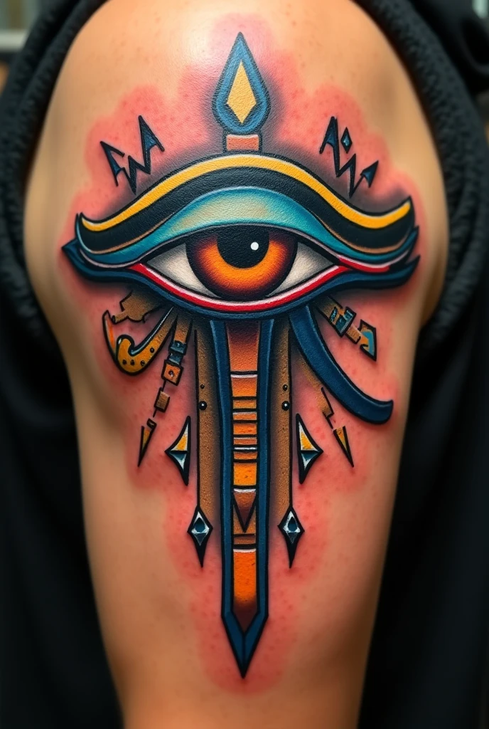 Show me what a male arm tattoo illustrating an owl on the shoulder would look like, just below the owl the God Thoth from Egyptian mythology and below Thoth a sun that must be held in the person's hand