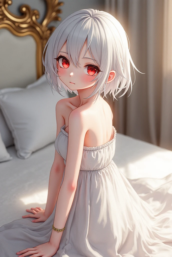 ((Masterpiece)),1girl,4years old, (Cute beautiful Girl, beautiful red eyes)、details of Very messy medium hair、((dirty and very torn white-camisole))、innocent smile、crying、Slender and small breasts, sweaty、Beautiful small breasts、Cat ears, Pale white hair, ((sitting on floor, asian Slum townscape))