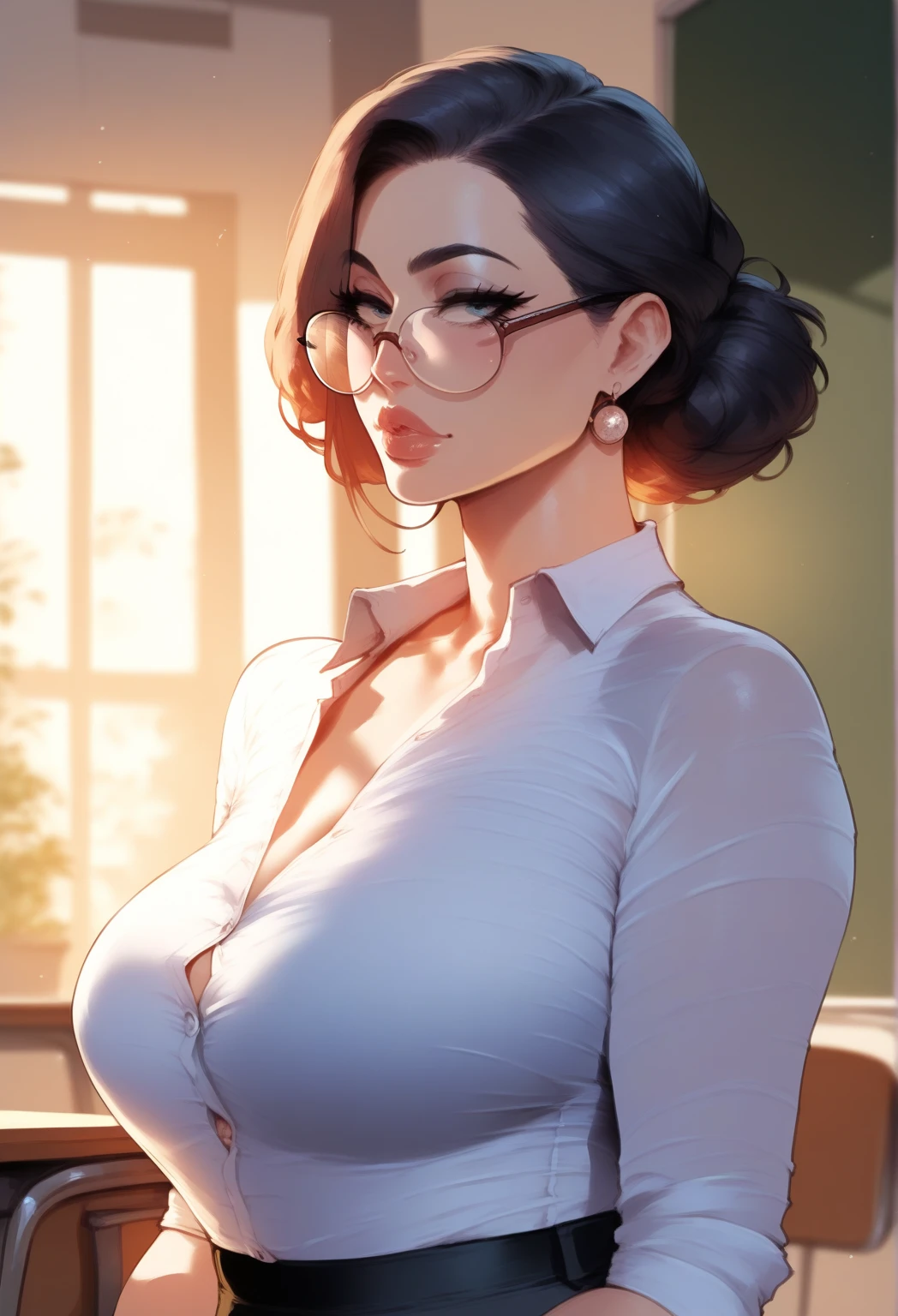Mixed_artstyle, (solo), well drawn face, perfect face looking at viewer, 1 milf, (teacher), blue eyes, brown hair, wearing glasses, milf, hanging chest, beauty mark, sexy lips, 