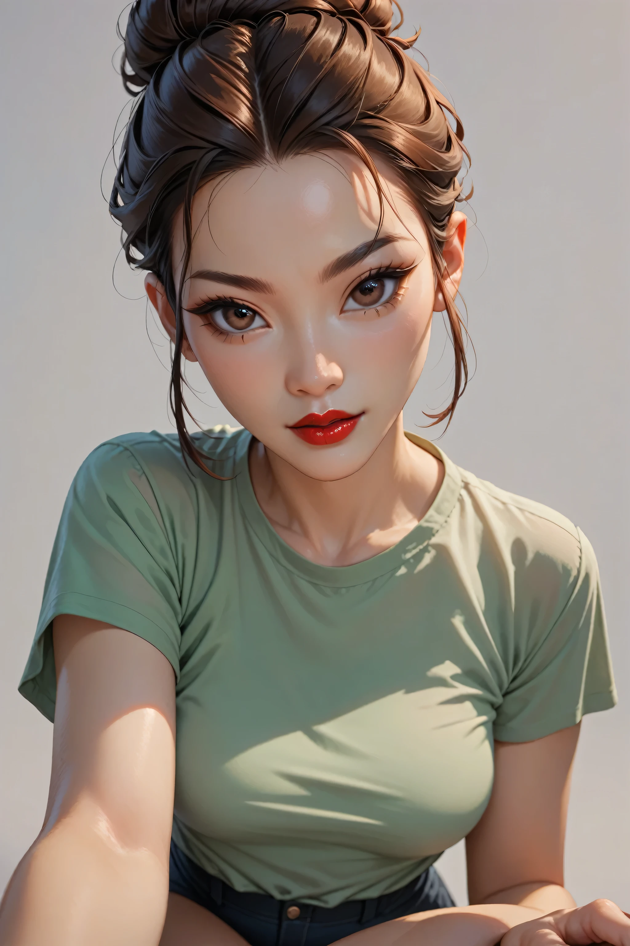 simple background, perfect face, hair bun, brown hair, (forehead), black thin eyebrows, big glowing brown eyes, thick red lipstick, beautiful woman, shirt, green shirt, medium breasts, pov, ((female asian)), asian