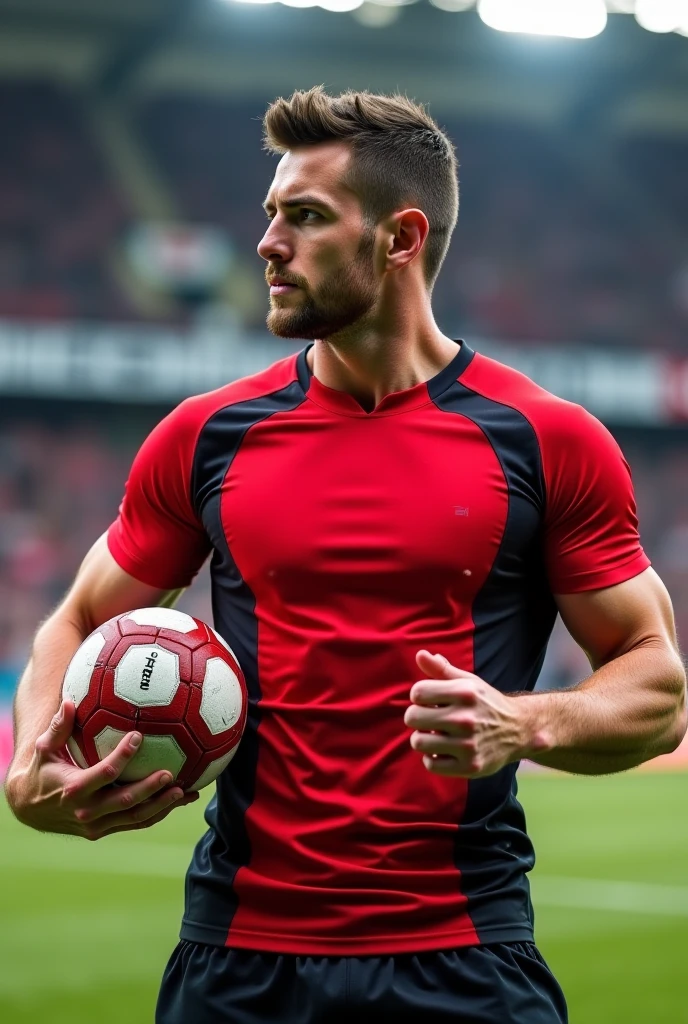 Male Alpha male, top, handsome, muscle body, sweating, soccer short bright red football, skating, little beard, gym, in dominant attitude, cock bulge