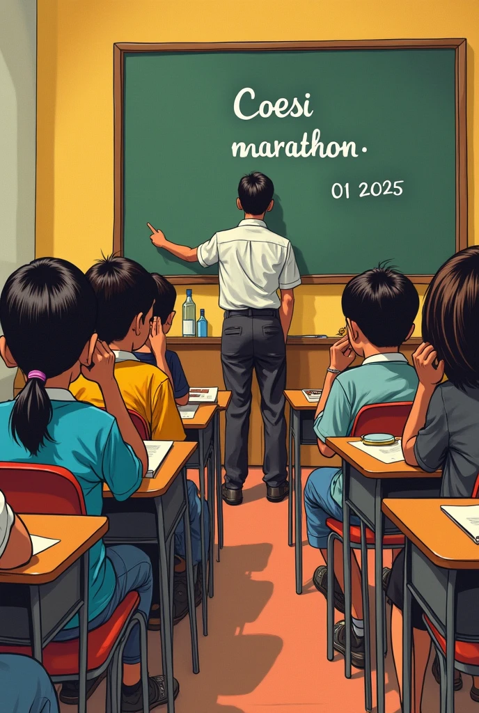 Classroom with teenagers looking at a blackboard with a falling statistic.
