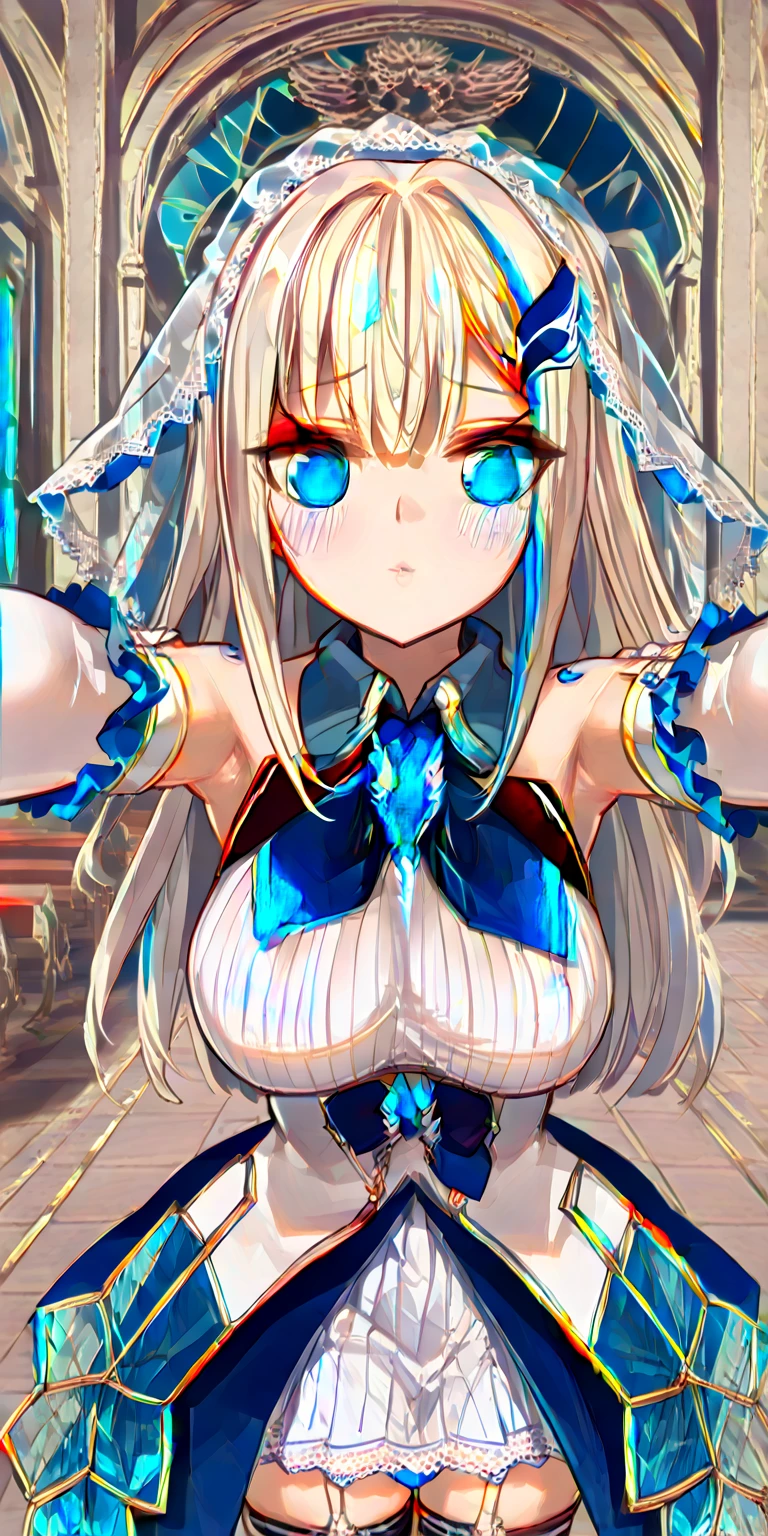 (masterpiece, highest quality),1 female,dress,wavy hair,Liar,bare shoulders,big breasts,blonde,light blue eyes,jewelry,frills,(((Complex, pattern, psychedelic, surreal, abstract, swirling,multiple eyes))),focus only,heterochromia,scatter,Brilliant,