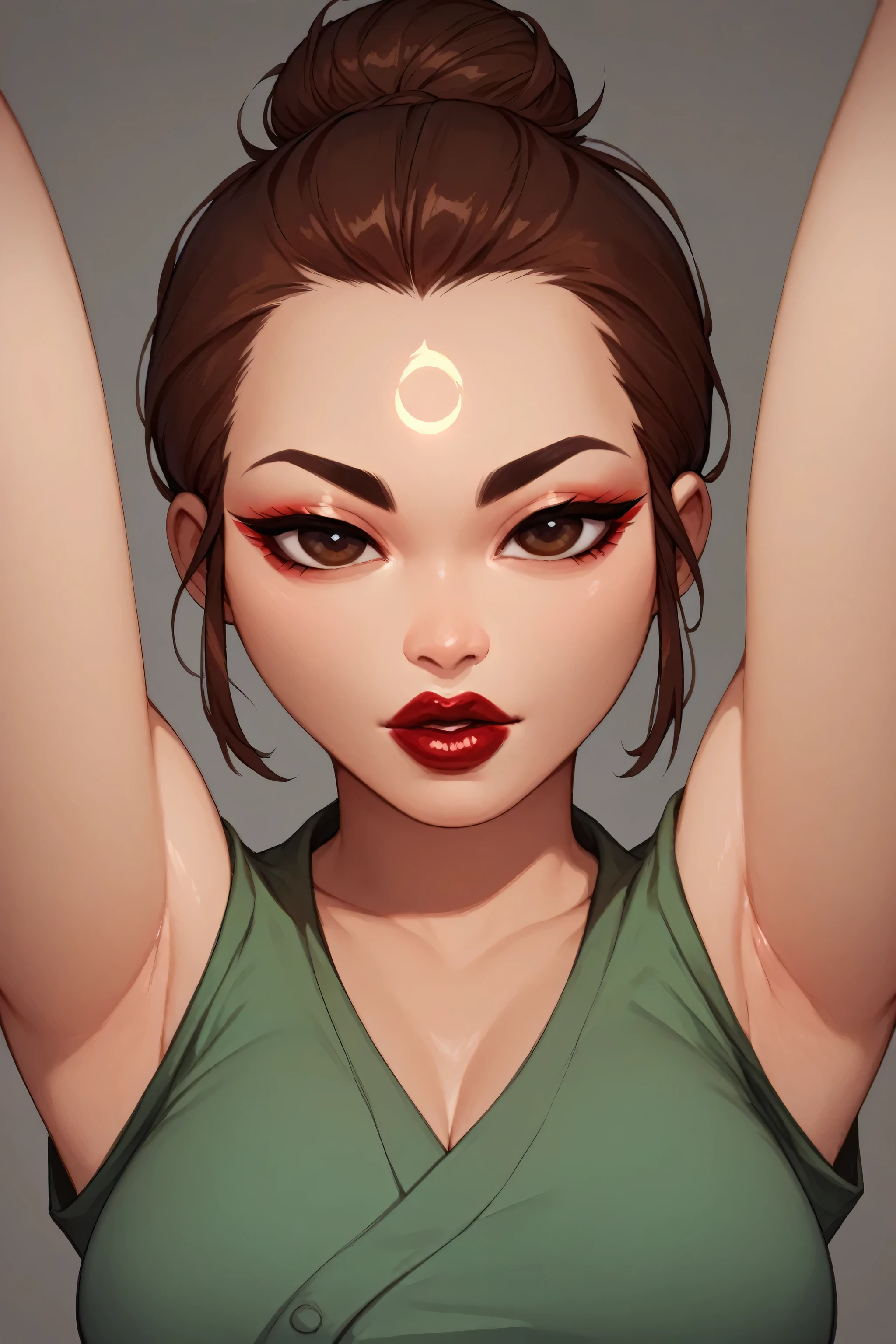 simple background, perfect face, hair bun, brown hair, (forehead), black thin eyebrows, big glowing brown eyes, thick red lipstick, beautiful woman, shirt, green shirt, medium breasts, pov, ((female asian)), asian