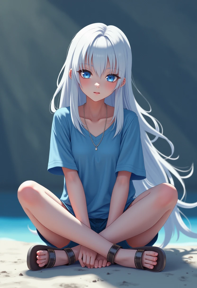 (masterpiece:1.4、top-quality、illustration:,realistic、)、(character focus、,full body:1.3)、(1girl),(clear face:1.3),(exact limbs:1.4),cute face,blue eyes、(tareme:1.3)、((sitting legs up:1.5),
(),(sitting,lean against the wall:1.4),、
(white hair),(long hair:1.5)、
,(her room:1.3),(loose Room wear,panties:1.5),
(blunt bangs),(sidelocks:1.3), (small breasts:1.2)、
、slender、