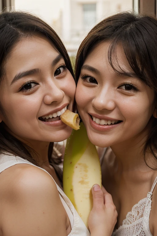 Two girls in white Skin-tight garment, ((eating bananas)), hug each other,
