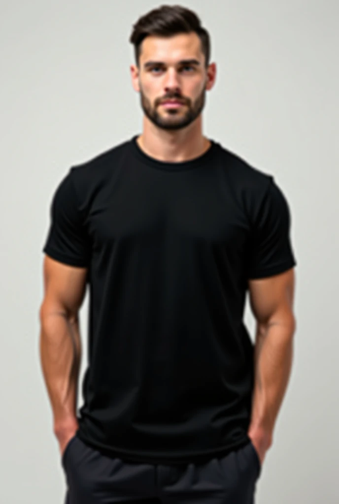Obra maestra, mejor calidad, ultra detallado, 1 hombre, macho maduro, muscular, pedazo, bara, deportista, carne de res, negro skin, negro, piel bronceada, latino, 36 years old, negro hair, gray fur, barbas de chivo, cabello demasiado cortado, serious expression, camiseta gris, cuerpo entero, science fiction background. Jeans backside