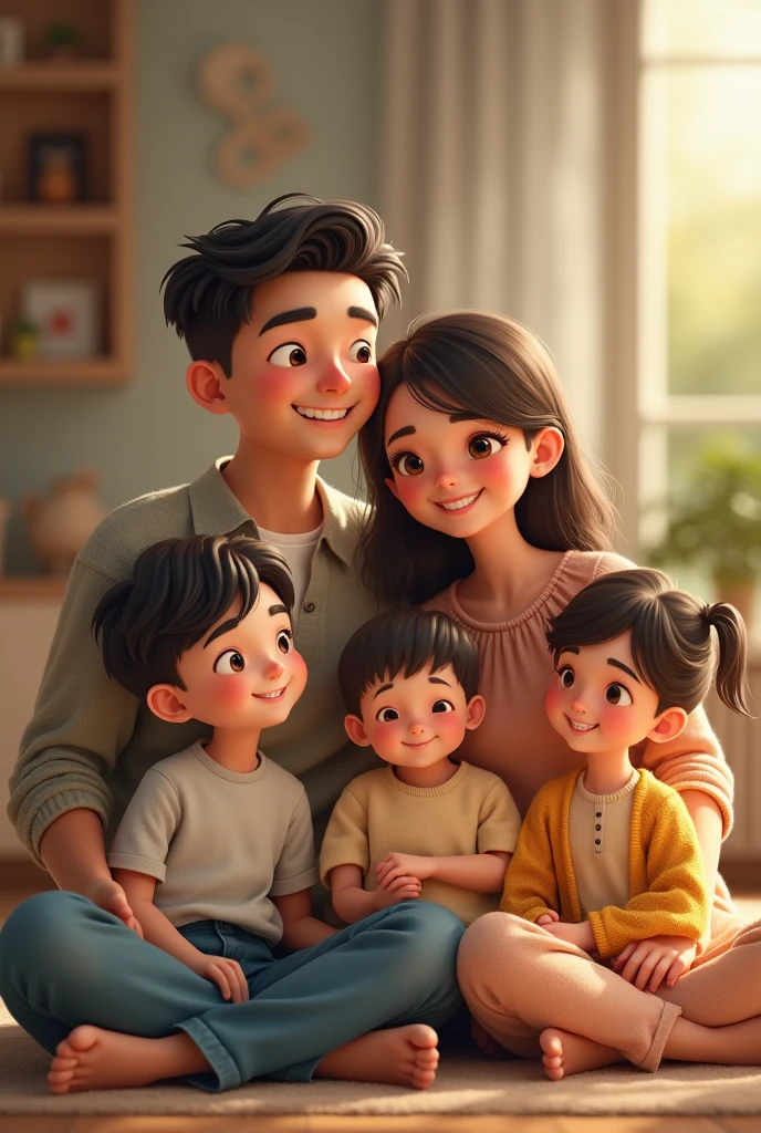 Family 4 people. woman with long, straight black hair, 42 year old man with beard and muscular body, couple of children 
