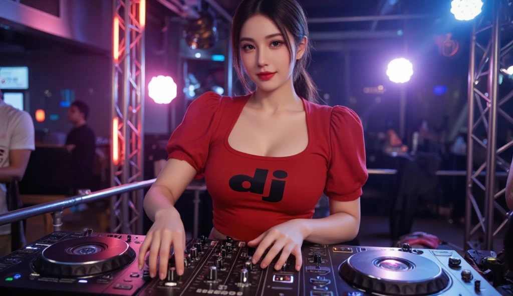 arafed woman in red dress playing music with headphones, dj sura, dj set, dj at a party, dj rave party, nightclub dancing inspired, dj, ibiza nightclub dancing inspired, barbara hammer 4 k, background artwork, in a nightclub, night club, headphones dj rave, official artwork, sexy pose, electronic bikini, nightclub background, 5 fingers