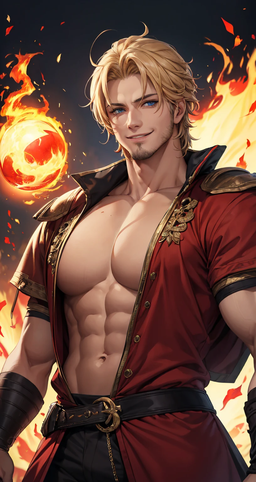wilnas,  granblue fantasy, (masterpiece:1.5), (best quality:1.5), (high quality:1.5), (solo:1.27), (muscular male:1.27), (bara:1.27), satisfaction, happy, pleasure, (dynamic angle:1.21),(dynamic hair:1.27),(detailed pupils:1.21),looking at viewer, (dynamic pose:1.15), (beautiful detailed hands:1.21), illustration, (cinematic light:1.15), ultra detailed, (disheveled hair:1.34), (large pectorals:1.3), pectoral cleavage, sidepec, (abs:1.3), (thighs:1.3), (bulky:1.2), novel_illustration, anime_screencap, (valentine:1.4), (apron:1.3), cooking flaming, chocolate, (see-through, micro lingerie red:1.5), flaming sword, explosion, male focus, fire, fiery wings, fiery hair, flame, pyrokinesis, breathing fire, (erection under clothes:1.2), (from below:1.2),