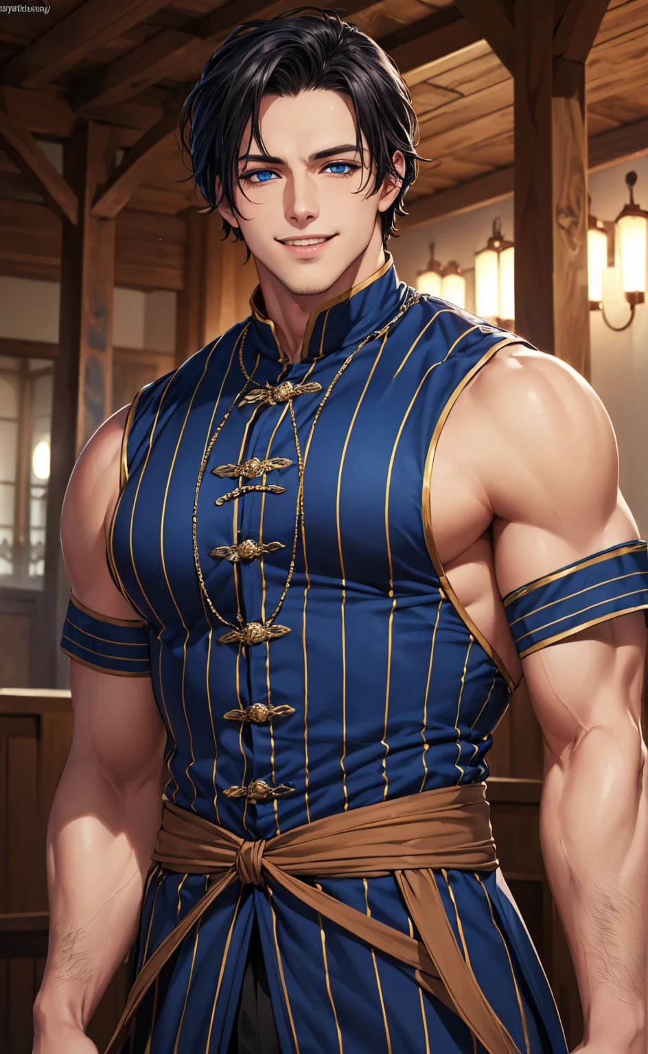 a genie of the lamp transforms into a handsome, strong and muscular Japanese man who wears a blue and gold sleeveless shirt, oatmeal haren pants, wears a high ponytail and shaved sides, showing off his biceps, pectorals and abs