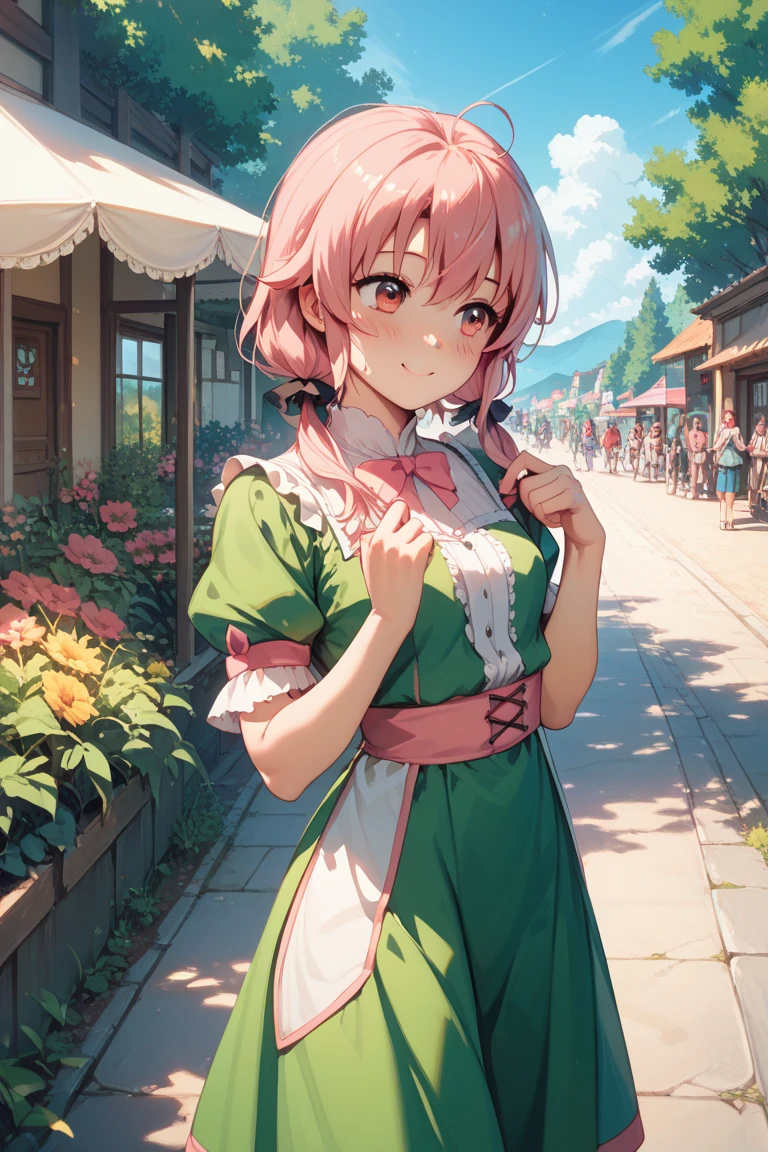girl,pink hair,tied up hair,bow hair band,white lining,Blue suspenders,glowing eyes,glowing eyes,rural style,,poster,epic,straw hat,blush,Take the basket,There are strawberries in the basket,Sunlight,Black jacket