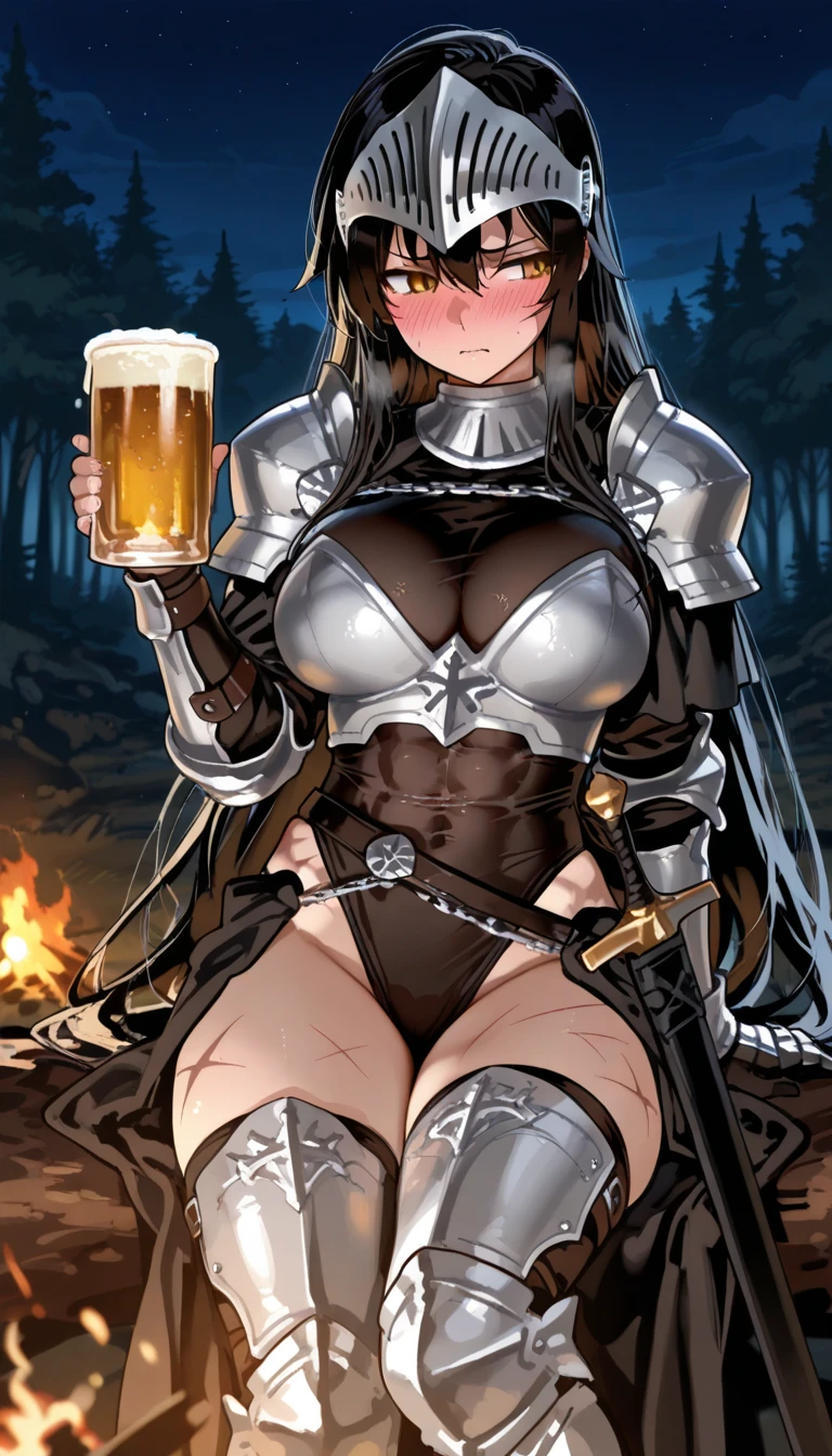 ((Slanted Eyes)),(Mature Woman),(((Mature Woman,Adult female))),solo,Tabletop,highest quality, Ultra high definition, Maximum resolution, Very detailed,((((Beautiful skins)))), Very sexy,huge ,White panties,blush,High Leg,String,Bikini Armor,Girl in Armor,Bikini Armor, 白いBikini Armor, 華やかなBikini Armor, female knight, Gorgeous Female Paladin,Beautiful Armor,Cleavage,Over the knee socks,Japanese Style,At night,between legs,Big Ass,Beautiful black hair、Iris,ponytail