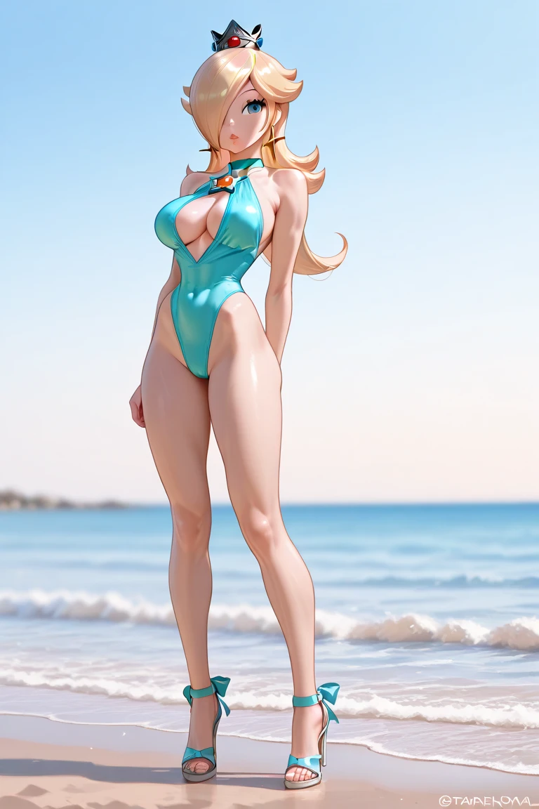 Princess Rosalina, (((wearing a beatifull bikini))), huge breasts, upper body, masterpiece,8k, best quality, good hands,good eyes, pixarstyle, 1girl, solo, style,parody,3d,long hair, detail hair, blonde hair, maximum detail, intricate detail, extremely clear, beach, nsfw, smile, shy, blush, embaressed, ((long hair)), (tall girl), (solo, 1 girl), ((shibari, arms behind back : 1.4)) , ( full face otn gag mask), (full body view),((toes to head view)), ,((full body model)), ((complete body view photo)), ((standing)), Scared, (Skinny), view the viewer, ((shibari, bound arms, arms back behind:1.4)), ((rope around the neck)), ((rope noose on the neck)), ((suspension bondage)), ((((suspension neck)))), (((gallow suspension)), ((wearing a blue bikini))), ((rosalina hanging in the air)), ((playing hangman)), ((blue mask))