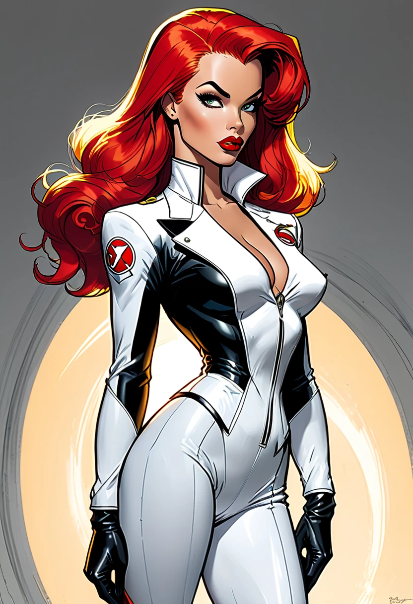 (best quality,8k:1.2,high resolution:1.2),ultra-detalhado,Realistic,vintage science fiction female superhero,retro, red hair,rosto extremamente detalhados,long eyelashes,Collant de nylon branco Apertado,white pantyhose,white gloves, white Glossy plastic accessories,Physically-based rendering,foco nítido,studio lighting