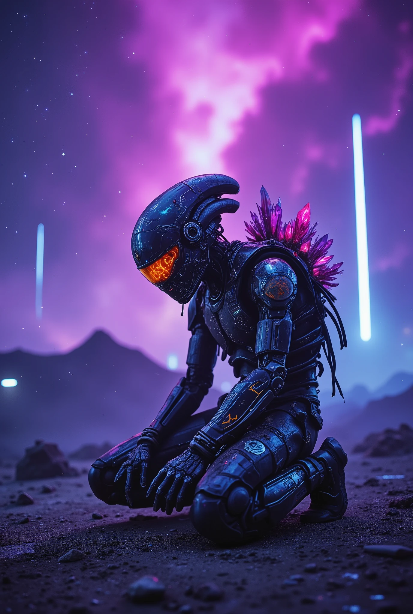 Neon-wasteland Hong Kong vibe × Alien existentialism aesthetics,Battle-scarred star pioneer kneeling on alien altar,Biomechanical exoskeleton/Left cybernetic arm sprouting extraterrestrial crystals,Cracked visor refracting prismatic halos/Spinal implants pumping liquid nebula,War-torn pauldrons engraved with alien glyphs,Dust particle trails/Bio-luminescent pulsations on armor,Xenomorphic moss colonizing joints/Blood beads inside breathing mask,Ancient monolith circle/Pulsating bio-lithic mountains,Collapsing stellar remnant burning in violet sky/Coral-like silicon lifeforms consuming starship wreckage,Clash of alien auroras and neutron star radiation,Subterranean crystal grove's cold glow/Refracted starlight from orbital debris,Low-angle hero shot with cosmic grandeur/Wide-angle distortion enhancing alien dissonance,Geof Darrow's biomech detailing × Jordan Cronenweth's chiaroscuro,n30nfilm