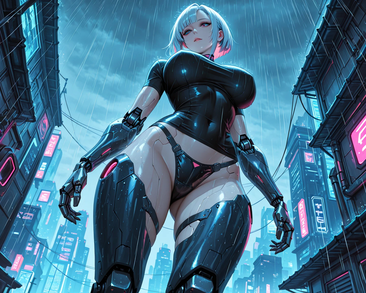 ((full body, standing):1.5) ((1woman+cyborg+ninja):1.2): only she is wearing mecha+ninja+spiderman clothes, black with white parts, extremely tight on her body, only she is doing erotic pose for the viewer, smiling, look of pleasure, expression of, naughty face, leaning against a pillar, only she has short purple mohawk hair and sparkling blue eyes, only she has ((extremely large breasts and is with her whole body wet with water):1.2), only she is in a mythical temple with ((ghostly environment, it's night, raining heavily):1.2), 1 full moon in the sky.