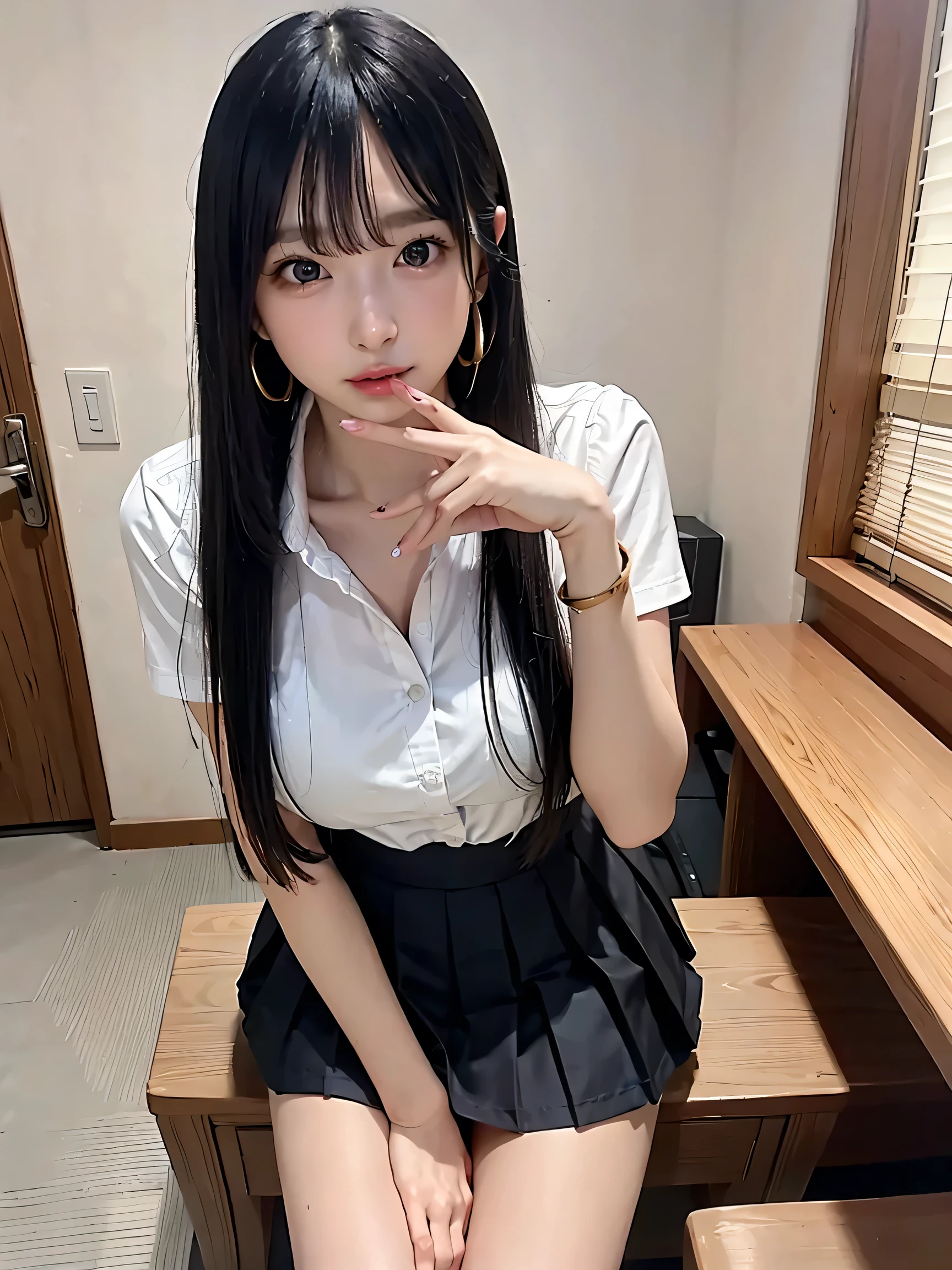 ( Long straight hair :1.8, Gold),ultra high definition, roll up the sleeves ,high school girl , Confident Expression,Fearless Smile)),High School Girl in Uniform,pleated skirt, panties for women ,indoor, natural light, casual vibe , Front Map, PERFECT BODY WITH REALISTIC SHADING, Photorealistic Perfect Body, Amorous pose, indecent pose,balanced exposure ,female, shirt,Extremely detailed face and skin textures ,staring at the camera, perfect beauty : 1.4, fine grain,double eyelids, Whitening,completely complete, cute symmetrical face , 5 fingers, Shiny Skin,smoking a lighted cigarette, split bang, long eyelashes, beautiful hair, beautiful face, beautifully detailed eyes, beautiful body, beautiful breasts, beautiful thighs, Beautiful Legs, beautiful fingers, Gold Hoop Earrings ,bracelet