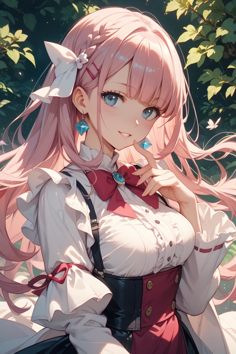 (leaning over:1.4), (masterpiece:1.2, best quality), (real picture, intricate details), 1girl, solo, absurdres, cowboy shot, standing, outdoors, :3, smile, bear girl, bear ears, ((light pink dress)), frills, very detailed dress, white thighhighs, platinum blonde hair, gray blue eyes, long hair, ((red strawberry choker)), smile, open mouth, one fang, large breasts, cleavage, sleeveless dress, arms behind back,