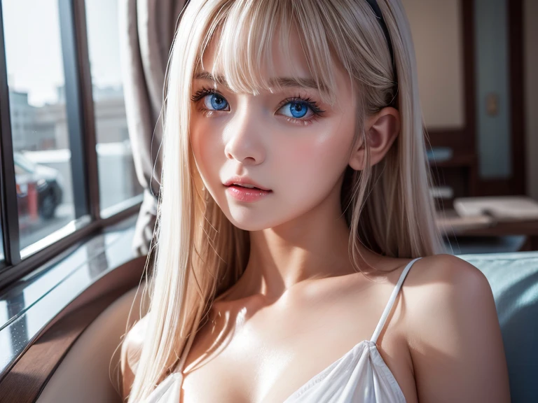 highest quality, Ultra-high resolution, (Realistic:1.4), Silver sequin lingerie、Japanese、Gal、Blonde、blue eyes、cute、Lying in bed、Top view、whole body、It's morning outside、smile