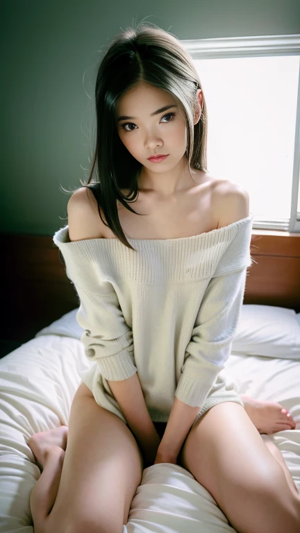 Highest quality, masterpiece, Ultra-high resolution, (Realistic:1.4), RAW Photos, (Real skin texture:1.3), (Film Grain:1.3), Panorama, Portraiture, Very wide shot, Tight waist, Cowboy Shot, (in the dark, Deep Shadow, secret key, Cold Light,) night, close, Tears flow, indoor, Dust, Tyndall effect, sad, It was too bad, dark (performance), Sitting, (Against the wall), Are crying, Frowning, (head lowered), Nervous, tear up, , 1 Junior Idol, The body is slim、Beautifully detailed eyes and face, double eyelid、Tear bags、Watery eye、Cute pink nipples、Off the shoulder, Brown eyes, White loincloth,
