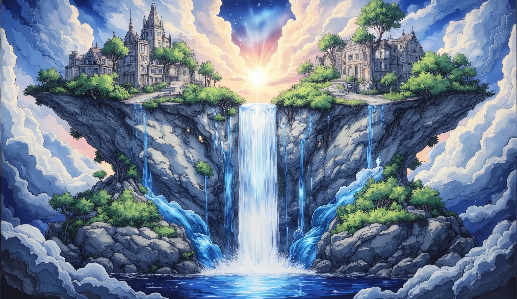 relief art, surreal fantasy, digital paint, A landscape of floating islands with lush greenery, connected by glowing energy bridges., waterfall, buildings, blue and coral vegetation, soft colors.: artstation, matte painting, 4k post-processing, gaston bussiere, akihiko yoshida, photorealistic, colored pencil, HDR