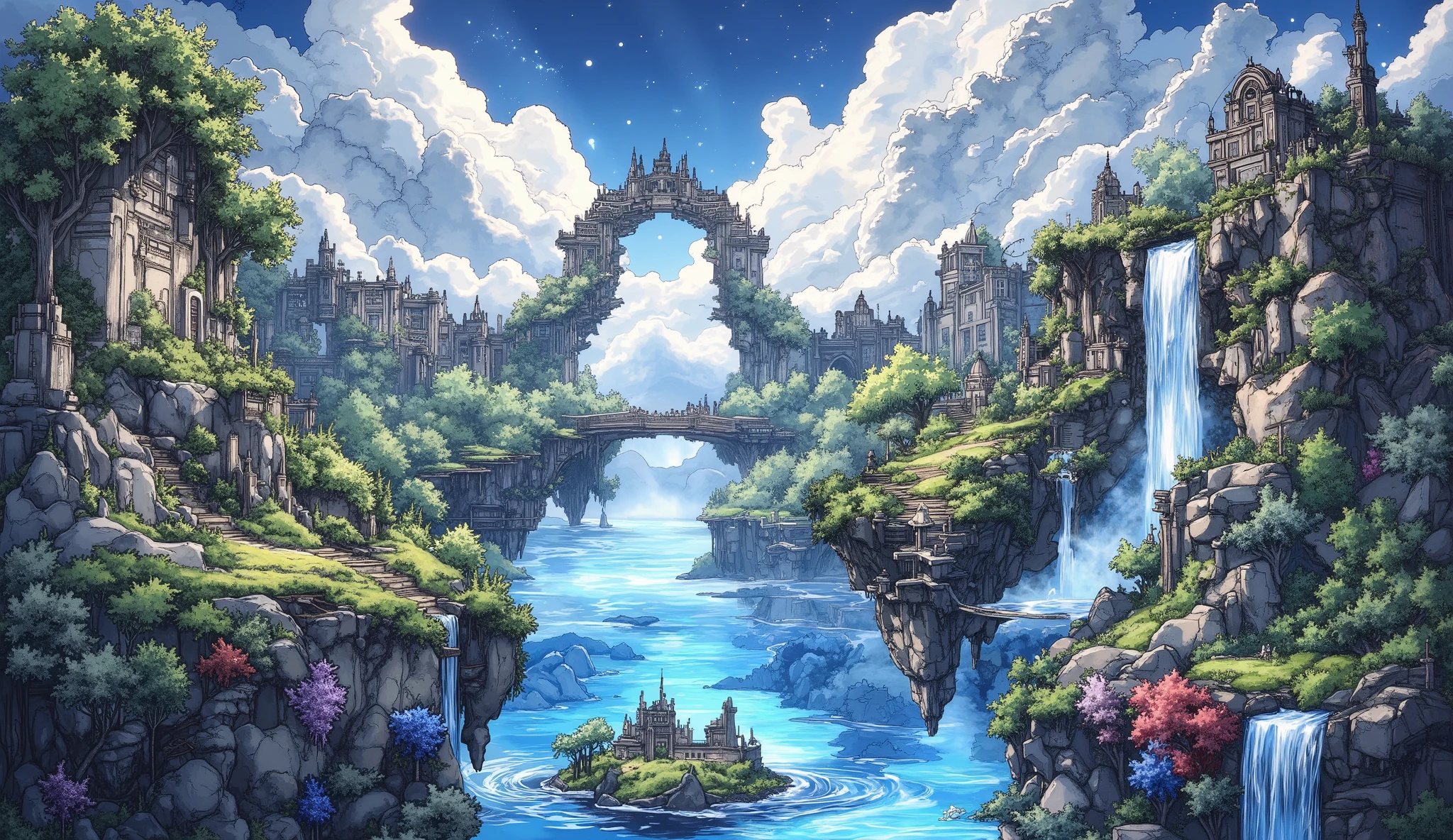 relief art, surreal fantasy, digital paint, A landscape of floating islands with lush greenery, connected by glowing energy bridges., waterfall, buildings, blue and coral vegetation, soft colors.: artstation, matte painting, 4k post-processing, gaston bussiere, akihiko yoshida, photorealistic, colored pencil, HDR