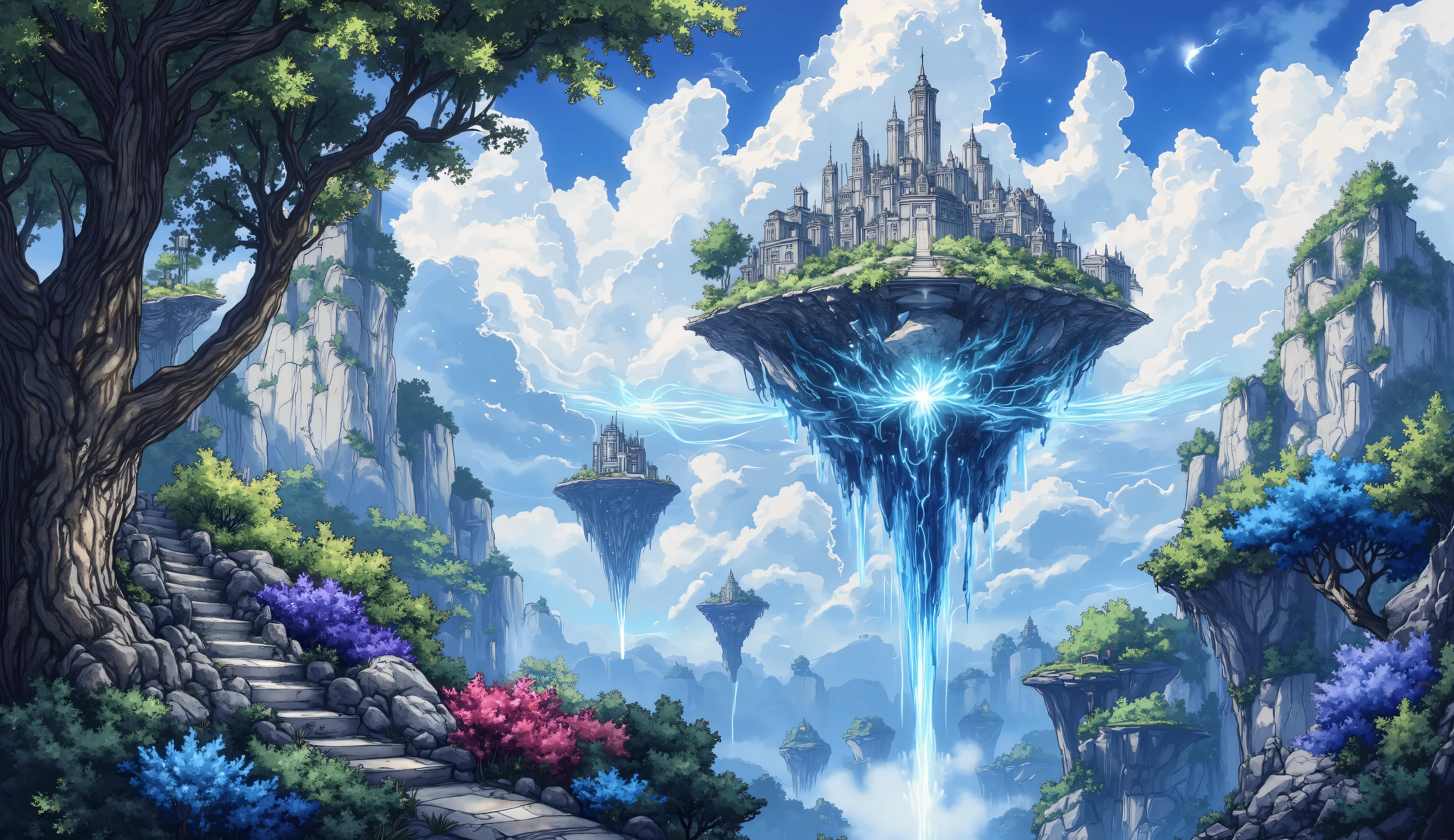 surreal fantasy, digital paint, A landscape of floating islands with lush greenery, connected by glowing energy bridges., waterfall, buildings, blue and coral vegetation, soft colors.: artstation, matte painting, 4k post-processing, gaston bussiere, akihiko yoshida, photorealistic, colored pencil, HDR